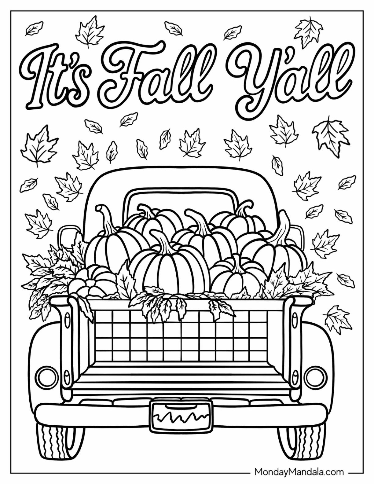 Autumn & Fall Coloring Page for Adults of Festive Fall Truck Filled with Pumpkins