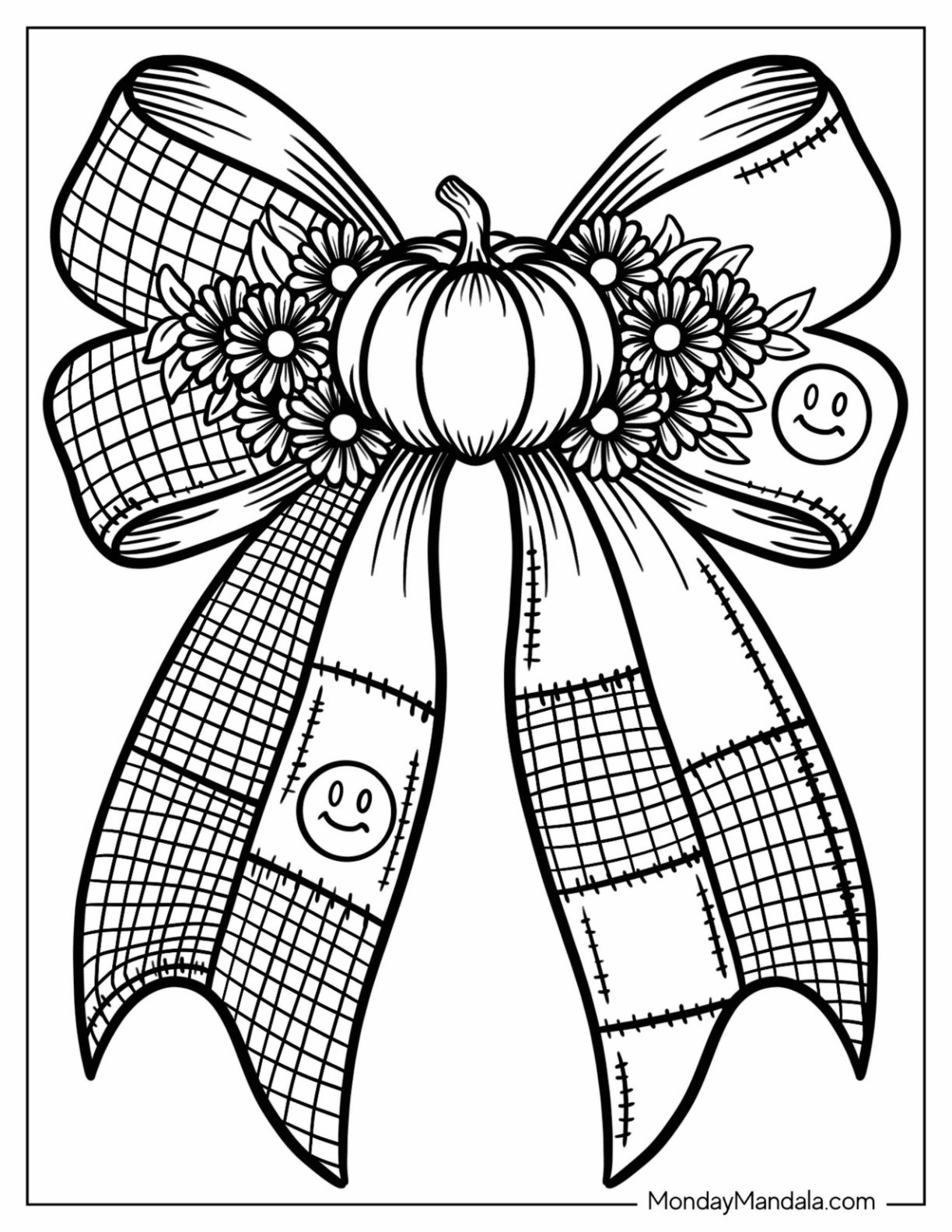 Autumn & Fall Coloring Page of Festive Harvest Ribbon with Pumpkin and Daisies