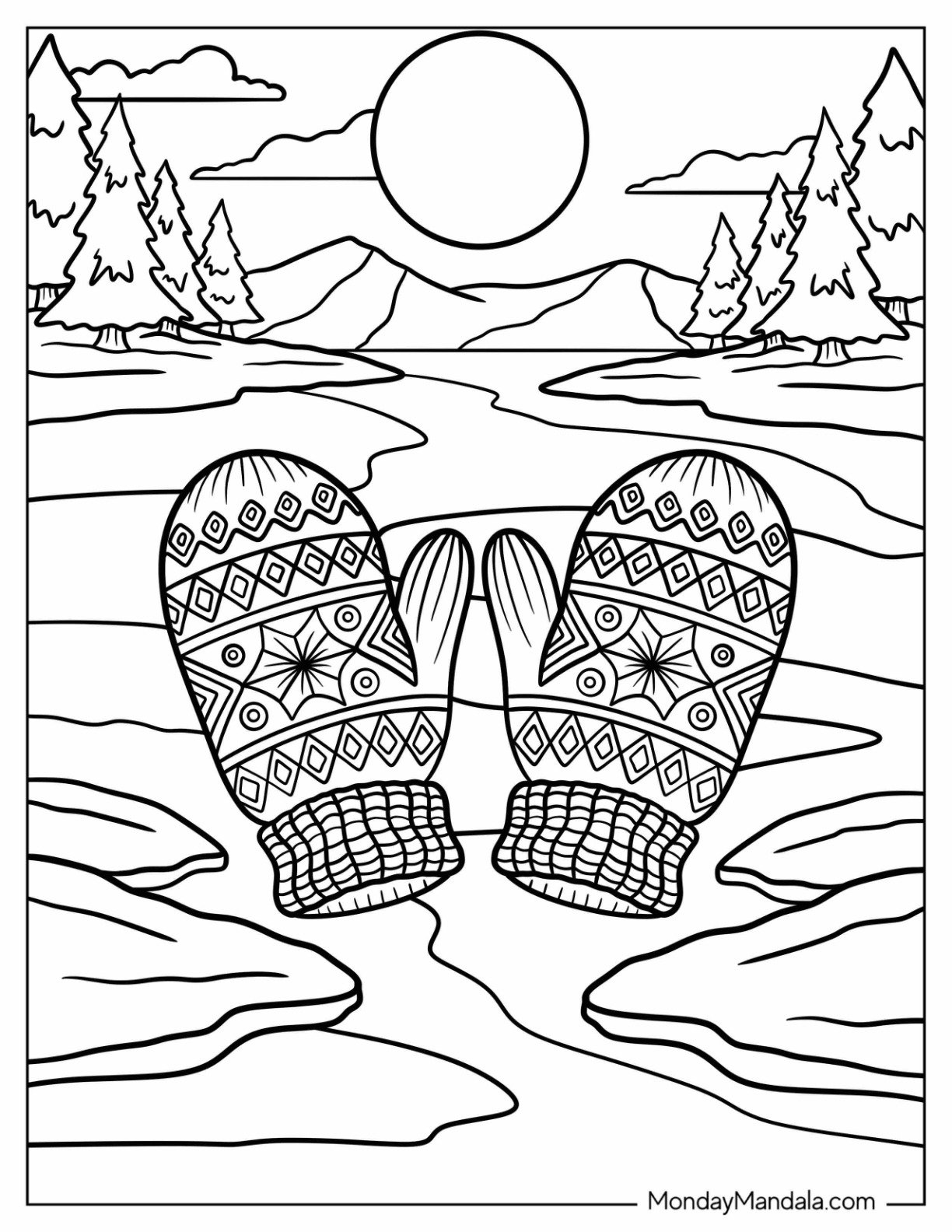 Festive Mittens Coloring Page on Winter Backdrop
