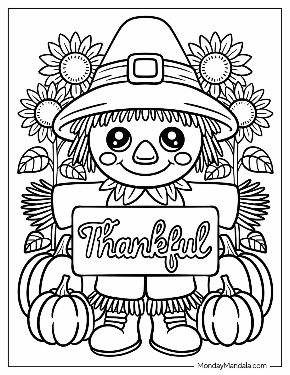 Festive Scarecrow Surrounded by Pumpkins and Sunflowers Thanksgiving Coloring Page for Kids