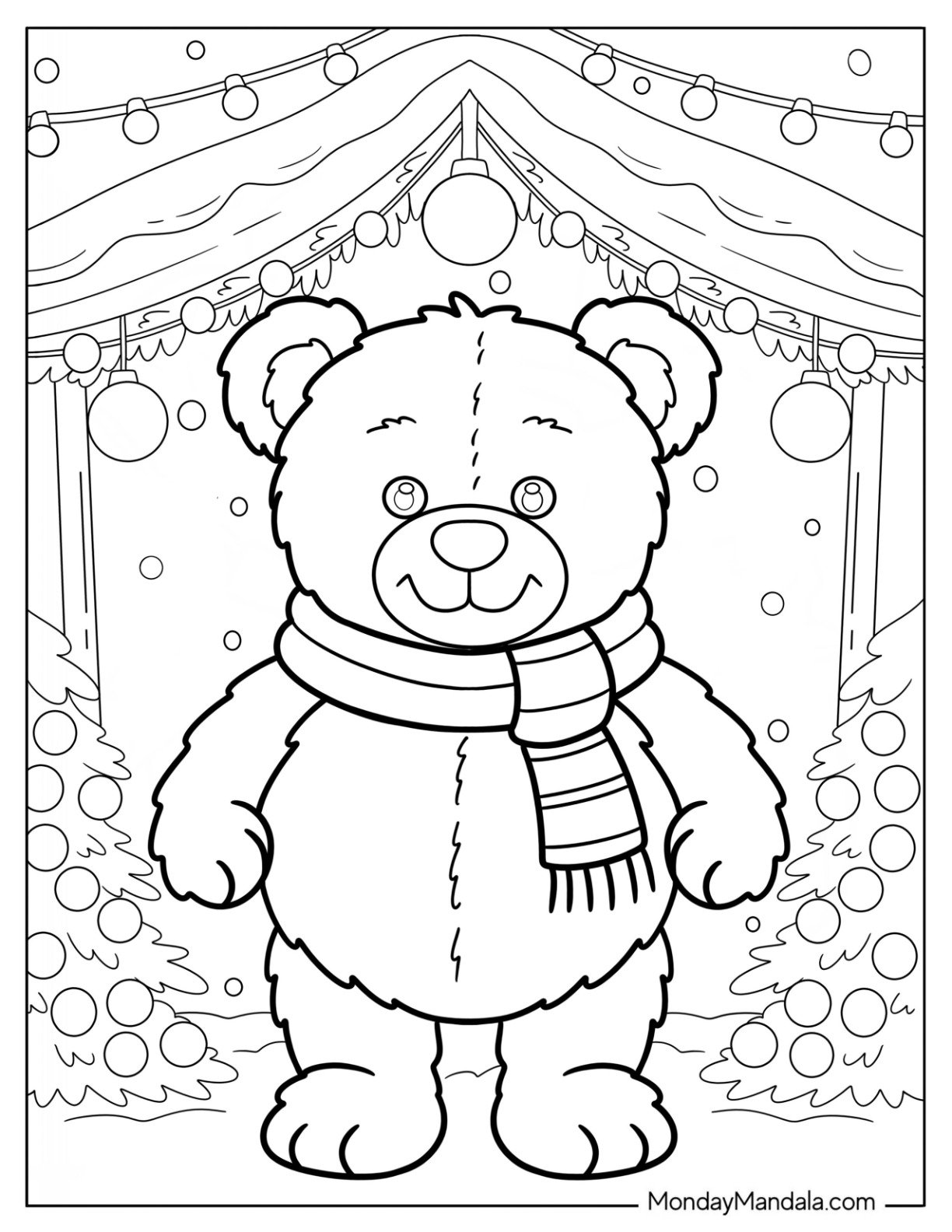 Festive Teddy Bear Coloring Page with Scarf Amid Holiday Lights for Kids
