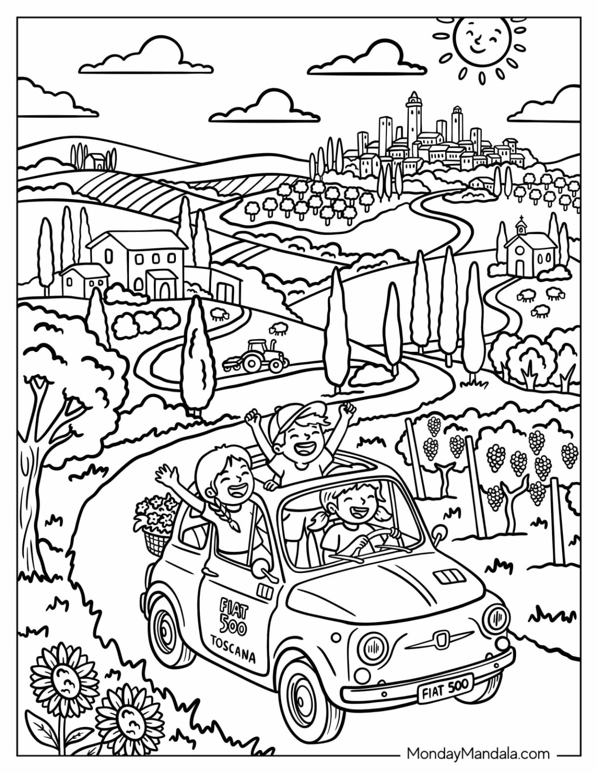 Italy Coloring Page of Fiat 500 Road Trip Through the Tuscan Countryside
