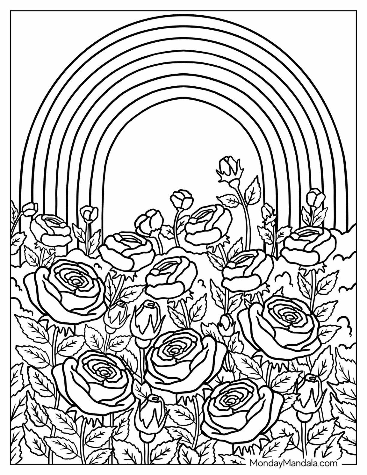 Field of Rose Coloring Page with Rainbow in the Sky