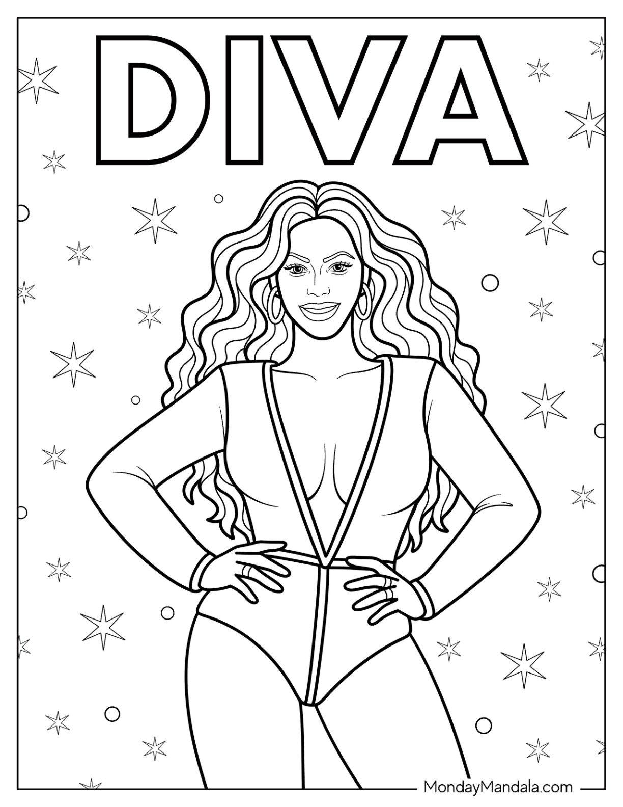 Fierce Beyoncé Coloring Page in Bold Outfit Under DIVA Banner for Kids