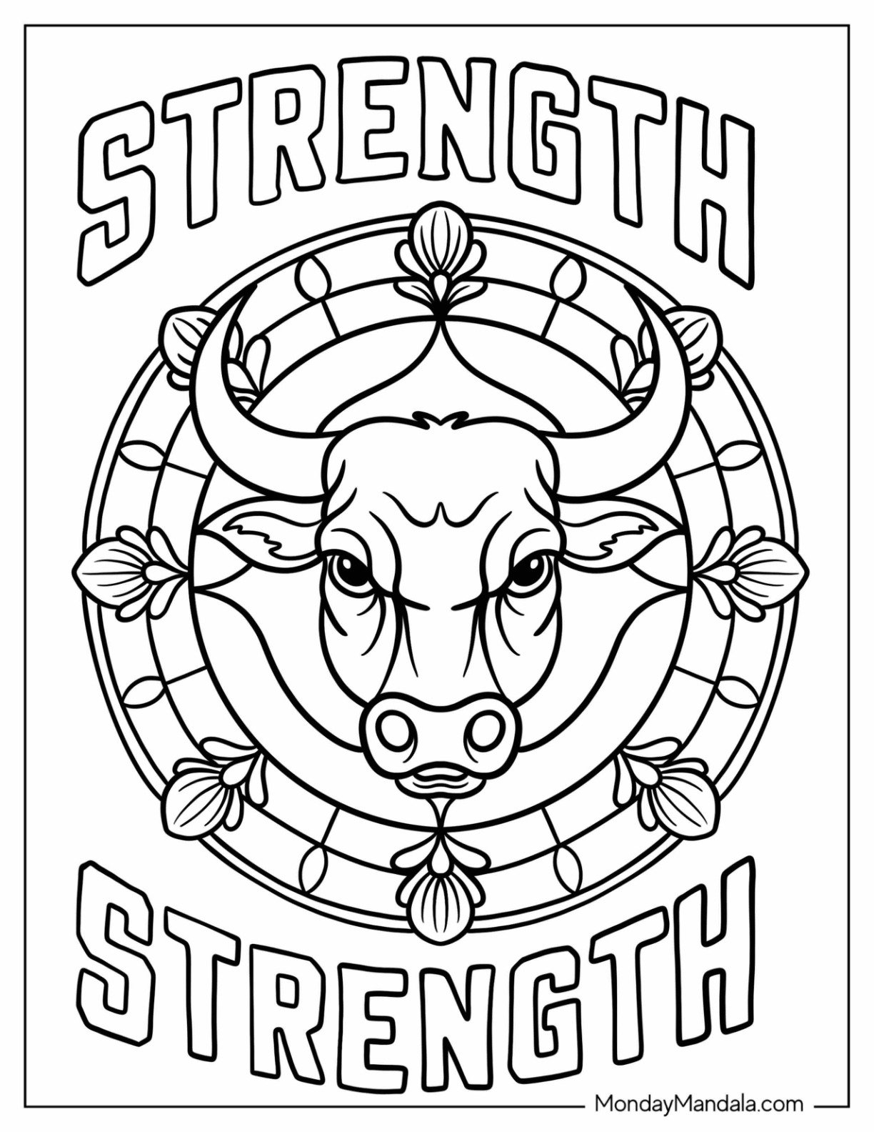 Fierce Bull Coloring Page Mandala with Strength Texts