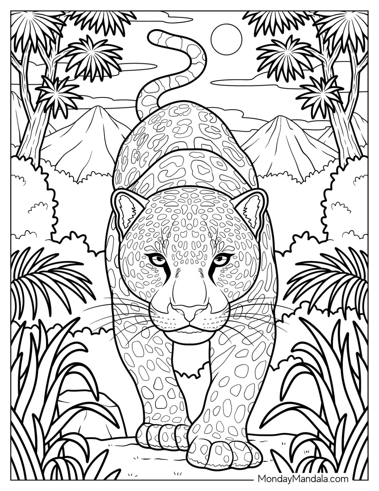 Fierce Leopard Walking Through the Jungle Coloring Page