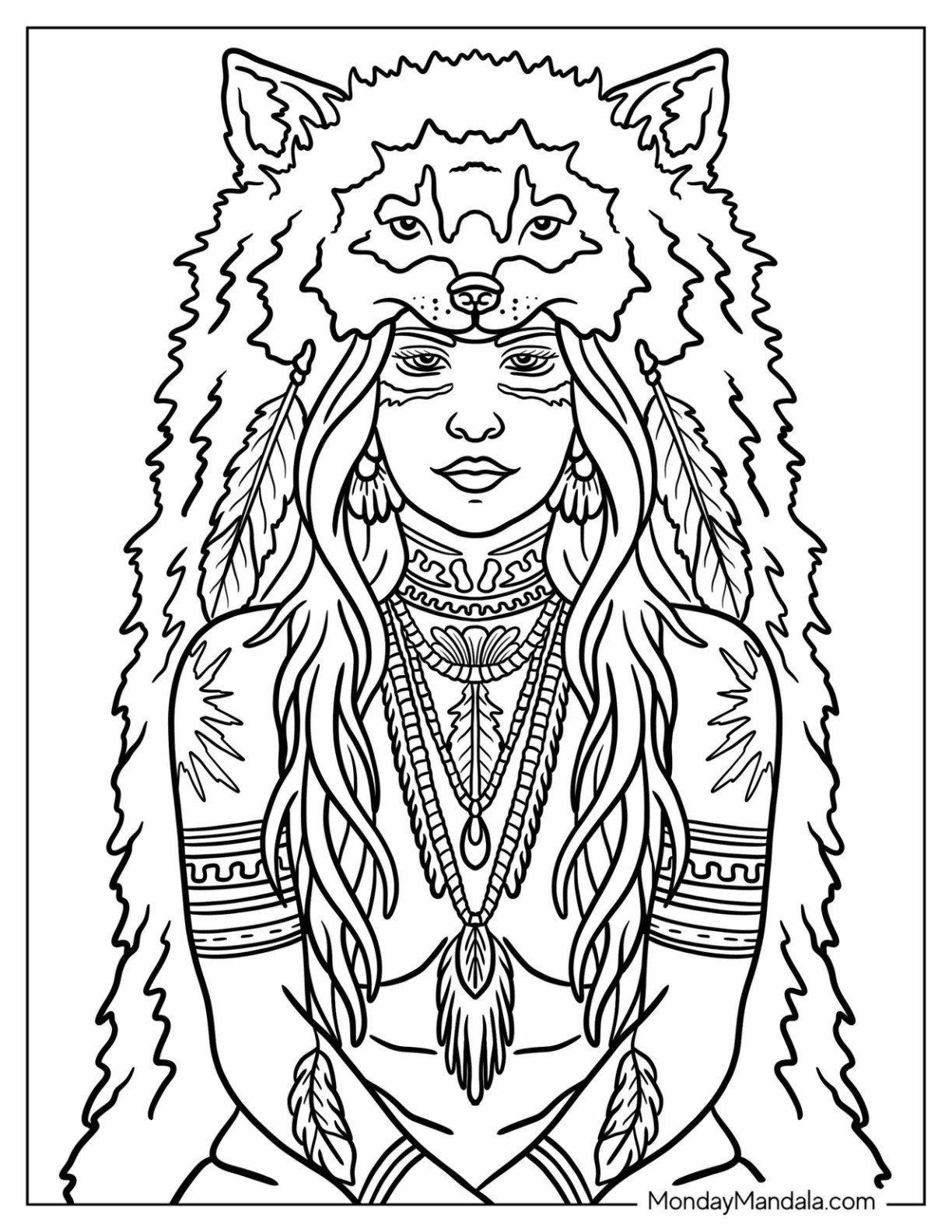 Fierce Native American Coloring Page of Lady in Wolf Skin with Feathers and Necklaces