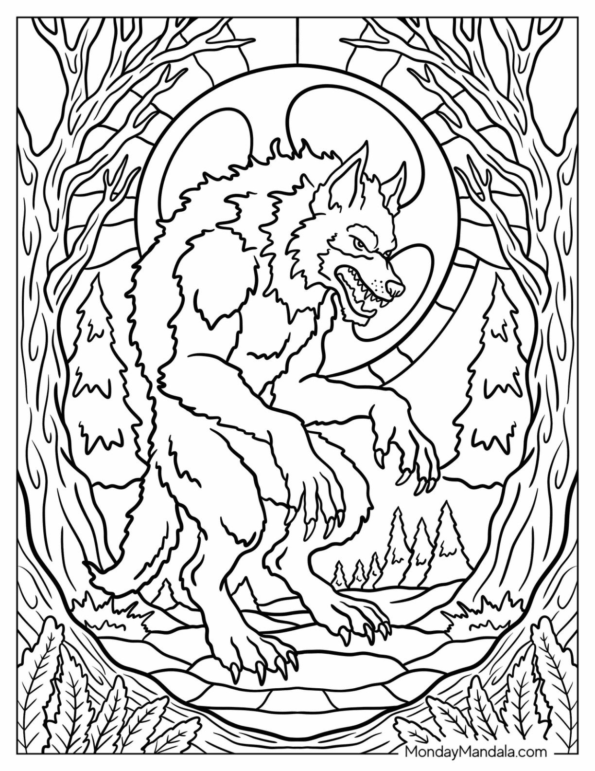 Halloween Coloring Page for Adults of Fierce Werewolf Under the Full Moon in a Forest Clearing