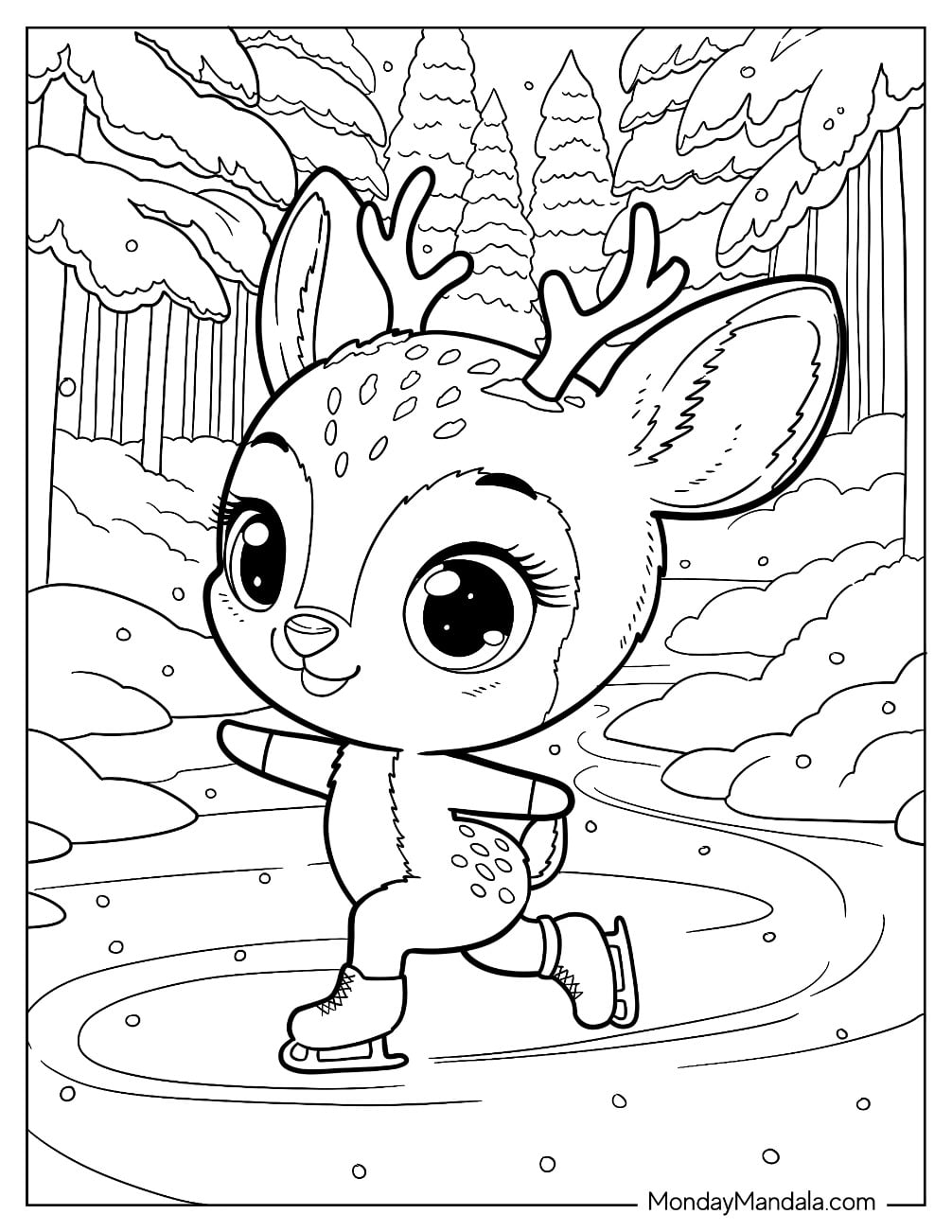 Figure Skating Deer Coloring Page in a Winter Forest