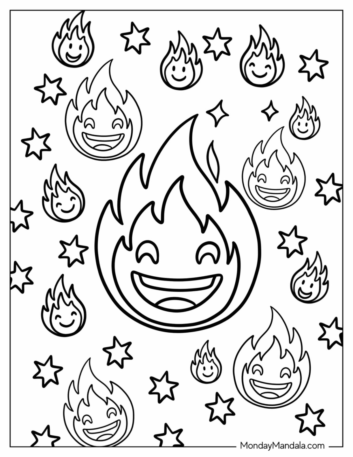 Fire Emoji Coloring Page with Stars for Kids
