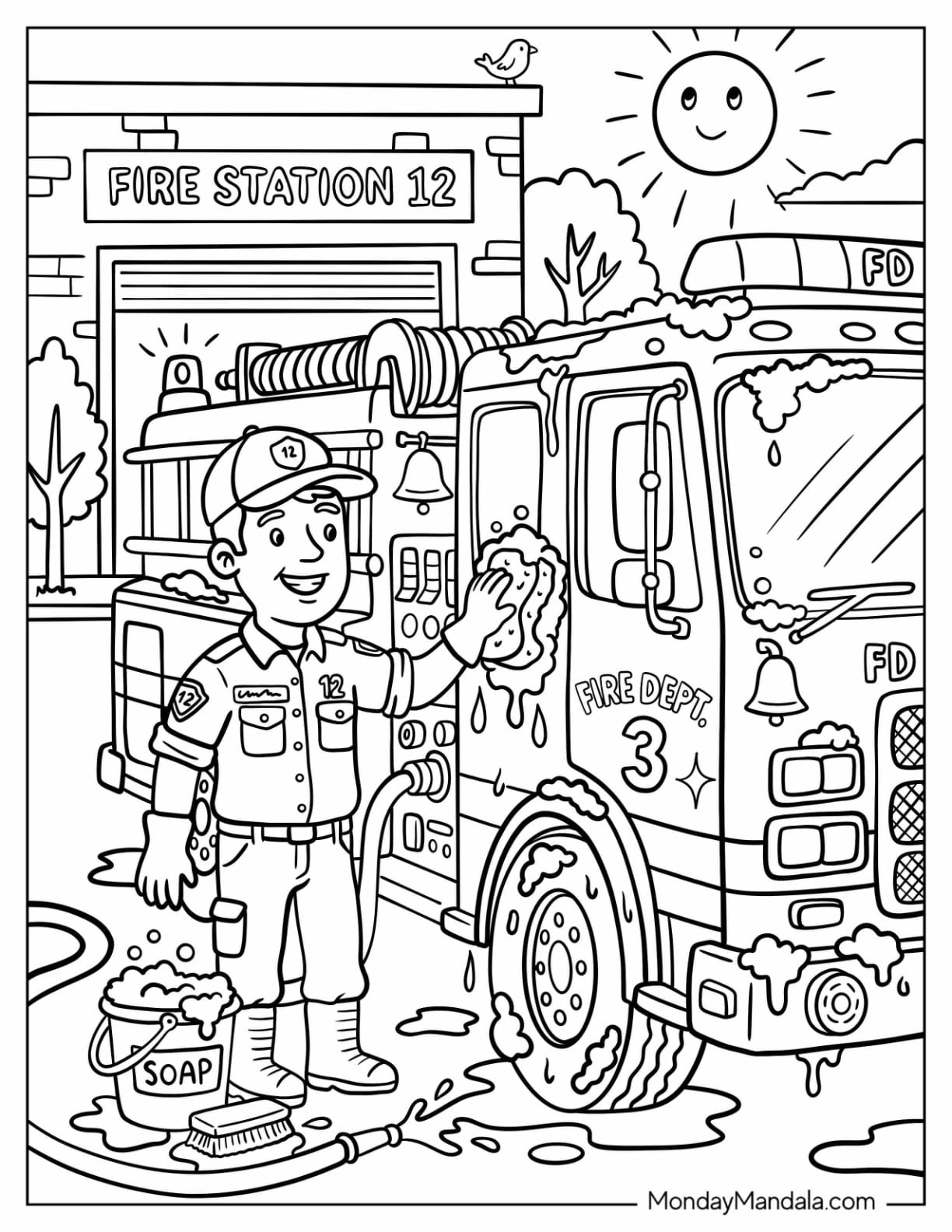 Firefighter Cleaning a Fire Truck Coloring Page