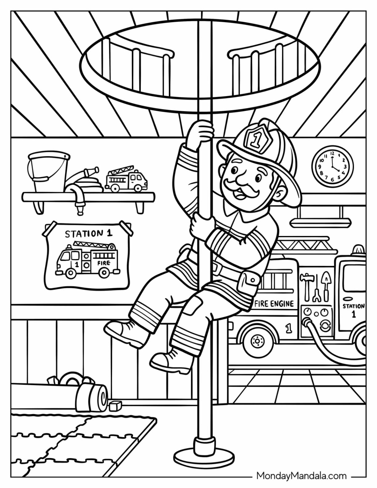 Firefighter Going Down a Sliding Pole Coloring Page