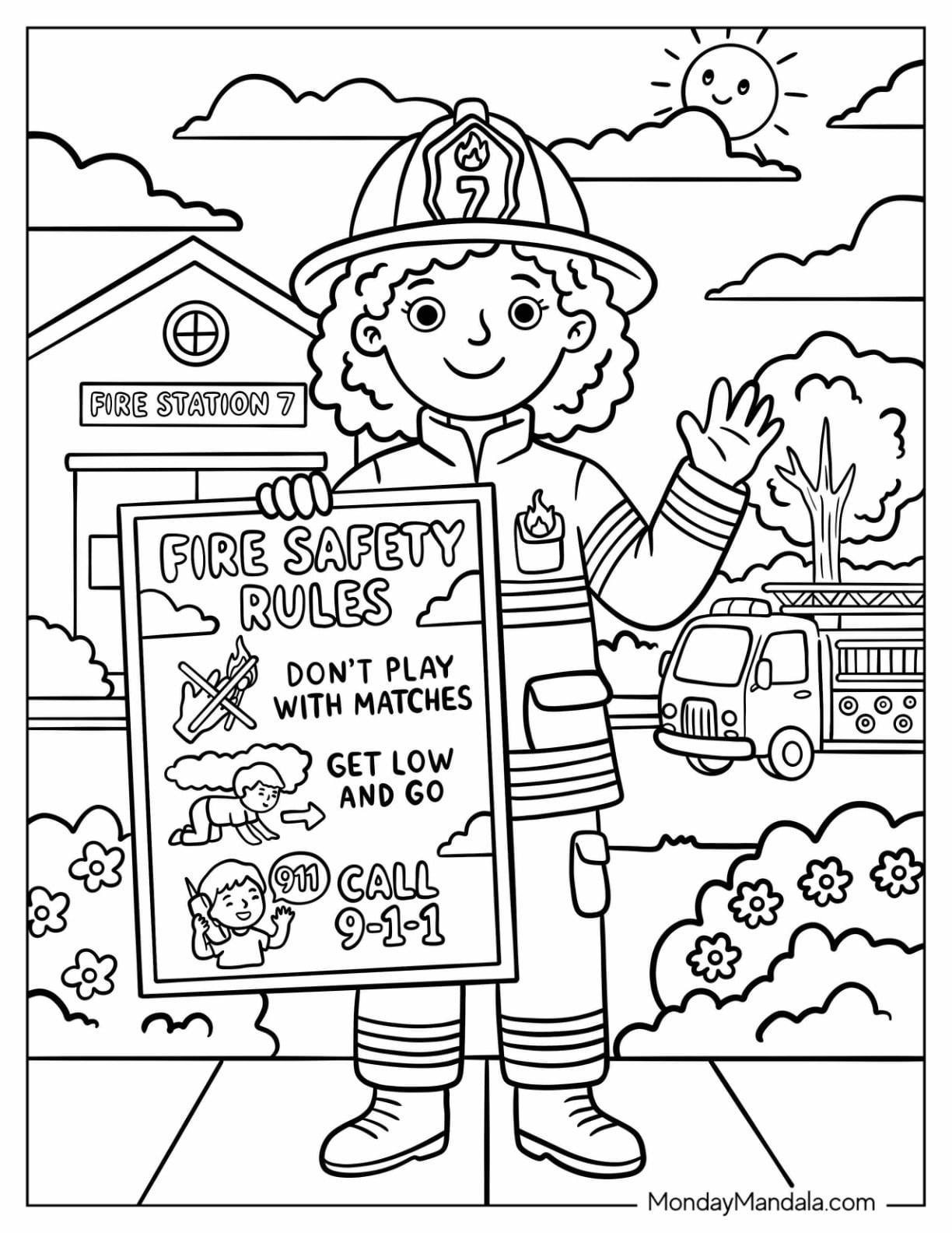 Firefighter Holding Fire Safety Rules Poster