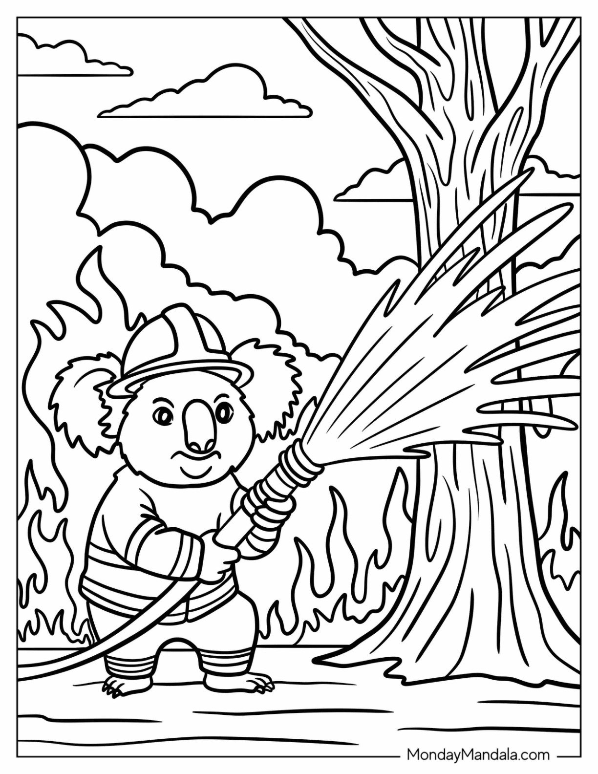 Firefighter Koala Coloring Page Hosing Down Fire