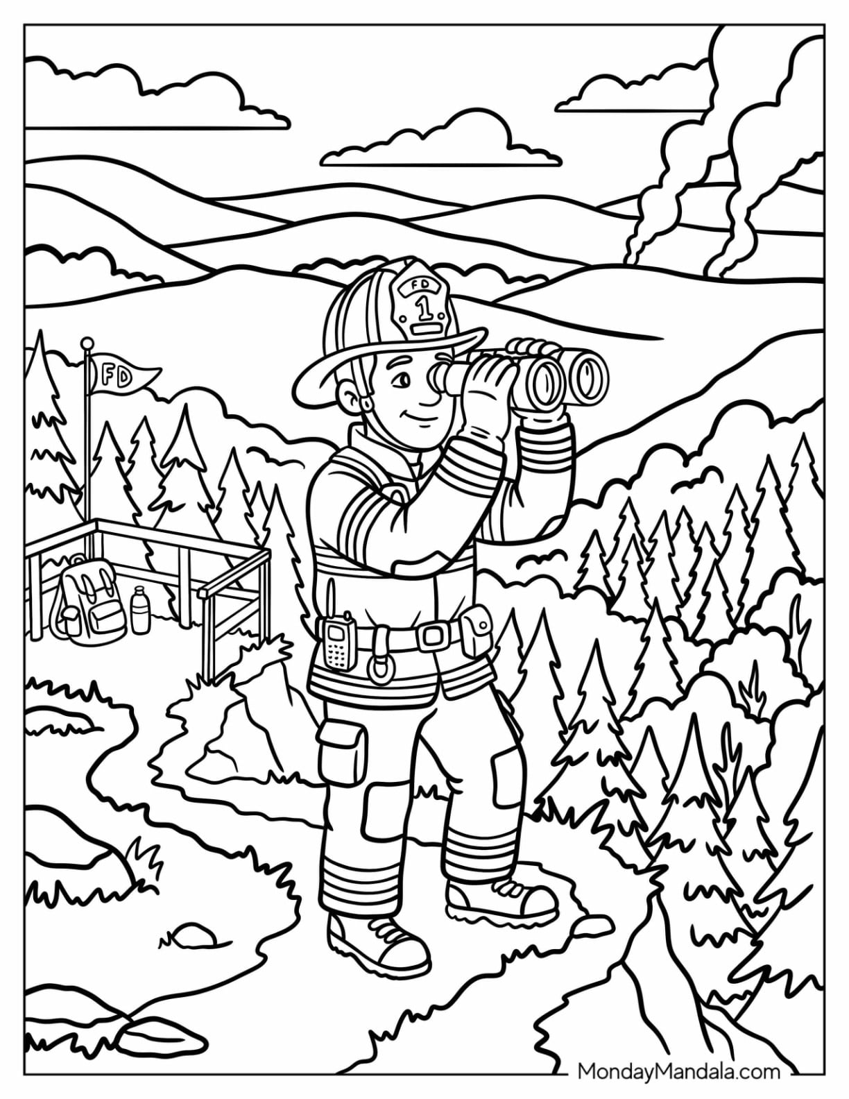 Firefighter Looking for Forest Fire with Binoculars Coloring Page