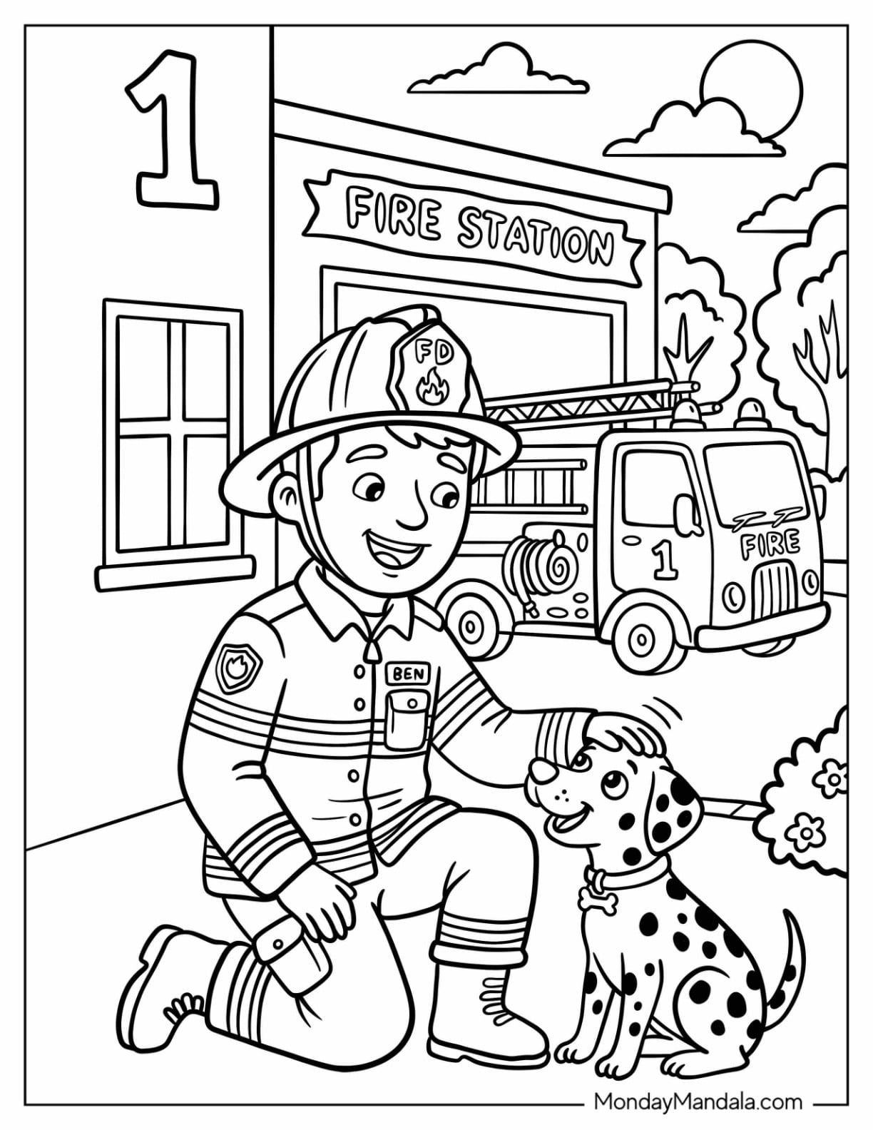 Firefighter Petting a Dalmatian at a Fire Station