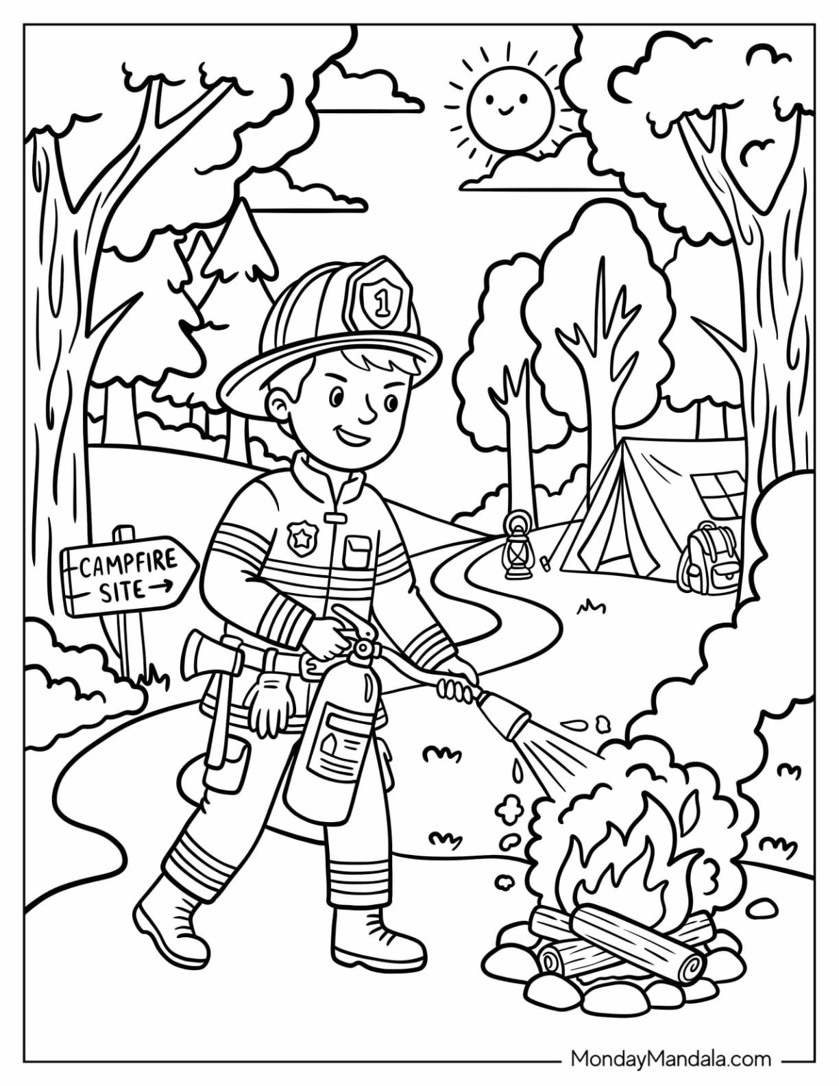 Firefighter Putting Out a Bonfire Coloring Sheet