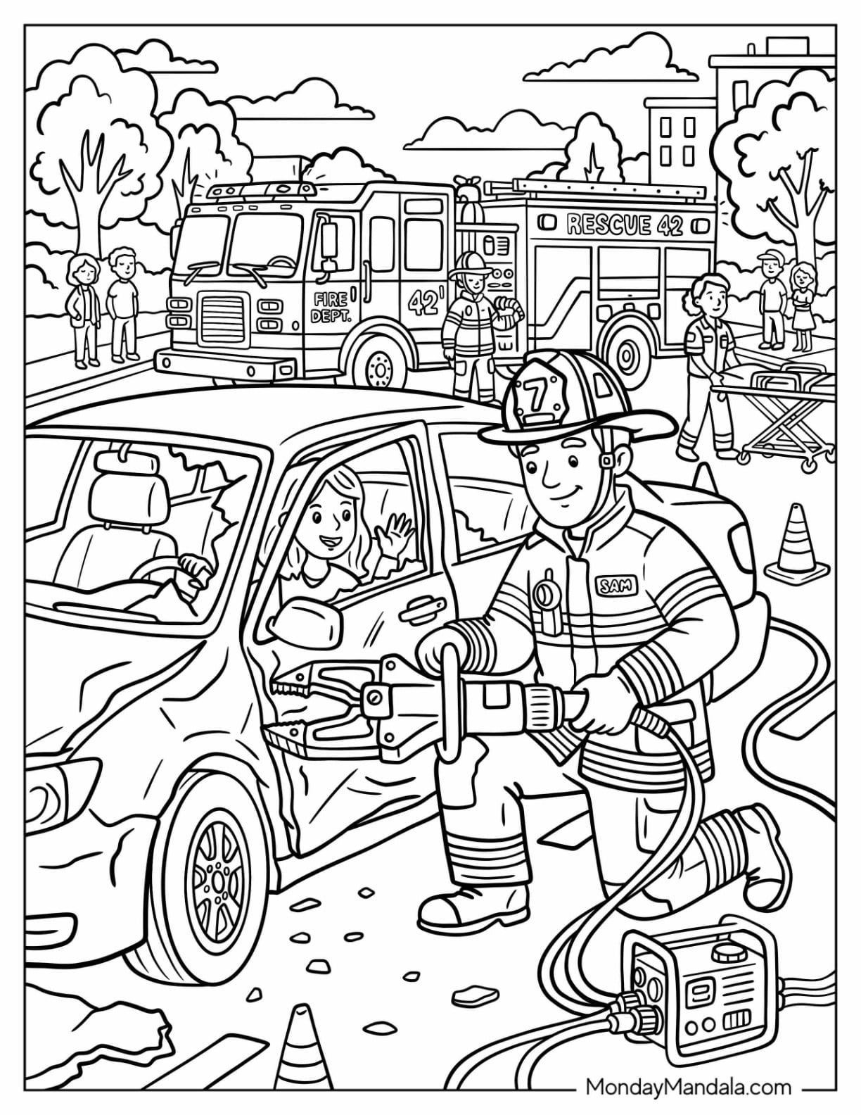 Firefighter Removing Car Door to Save a Woman Coloring Page