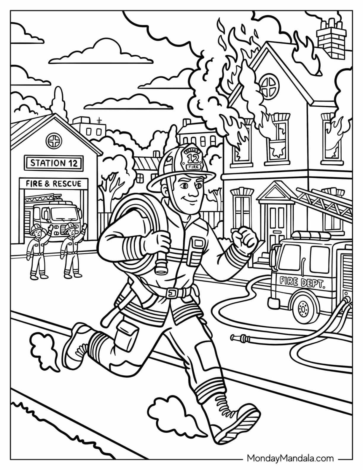 Firefighter Running with a Fire Hose During a Fire