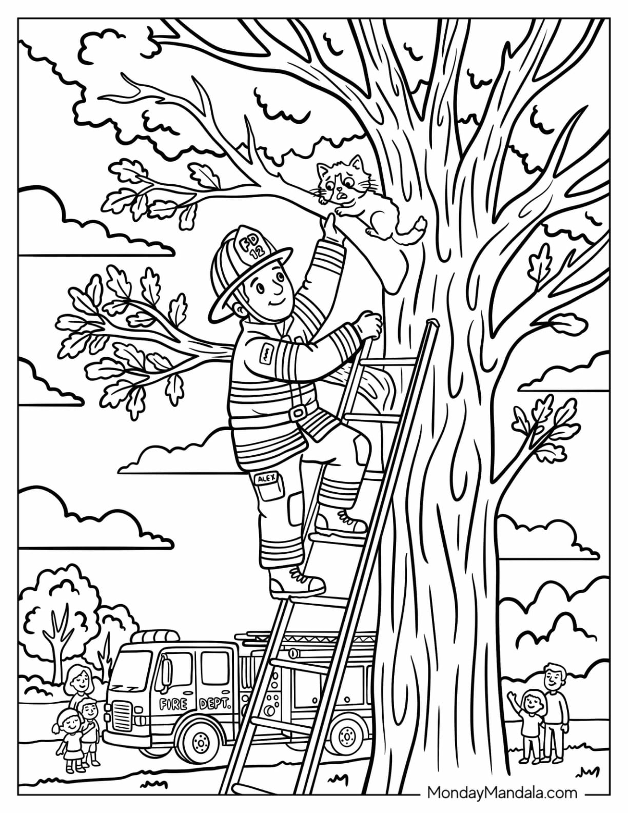 Firefighter Saving a Cat from a Tree Coloring Page