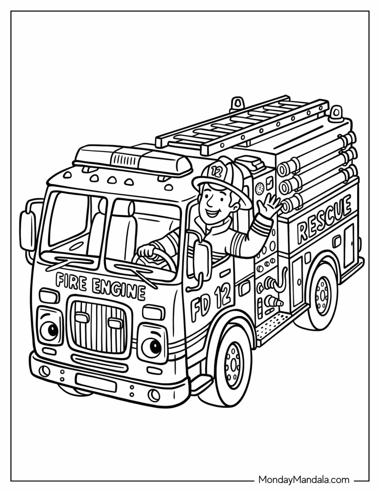 Firefighter Waving From a Cartoon Fire Truck Coloring Page