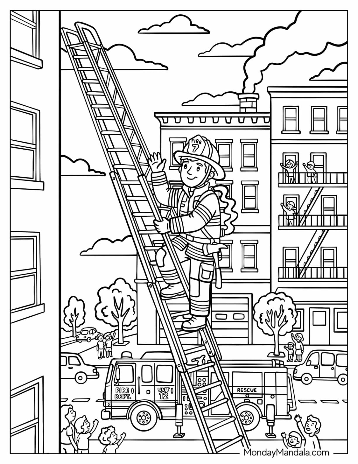 Firefighter Waving From a Long Ladder Coloring Page