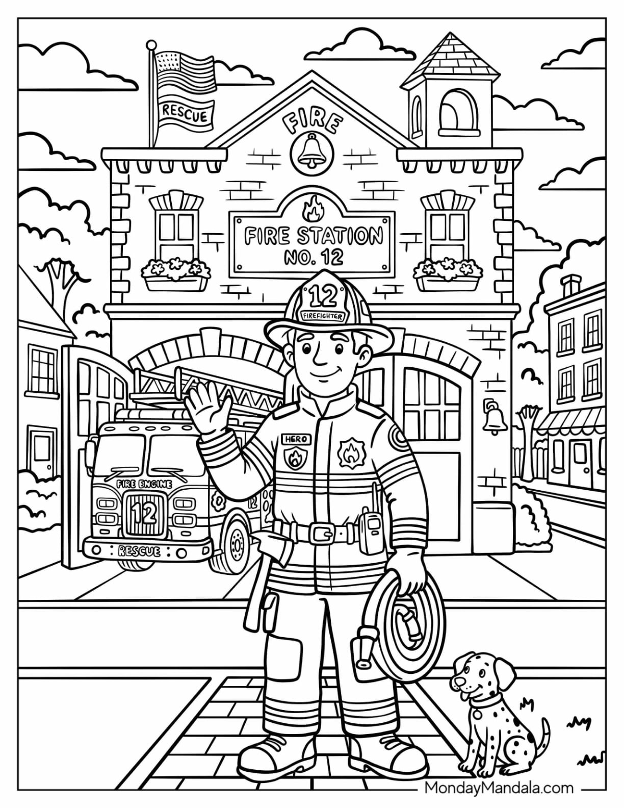 Firefighter in Front of a Fire Station with a Dalmatian Coloring Page