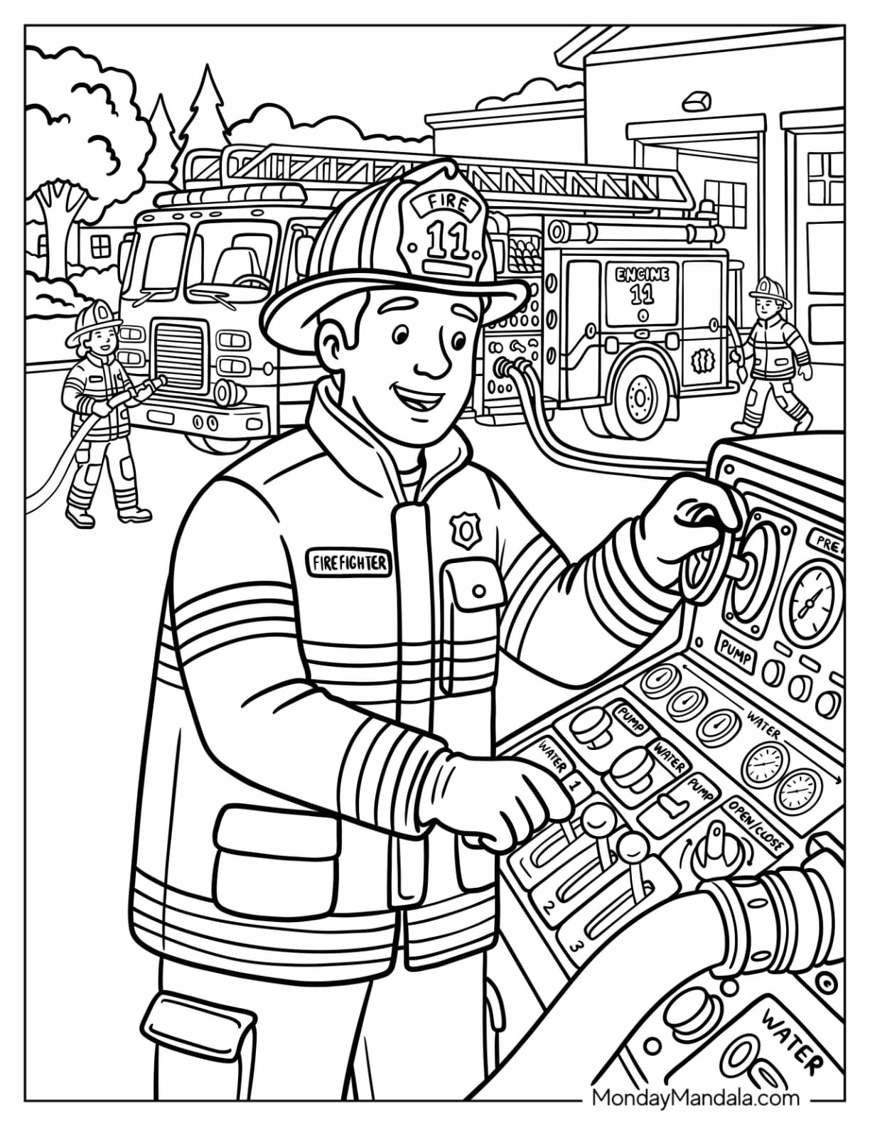 Firefighters Preparing to Fight a Fire Coloring Sheet