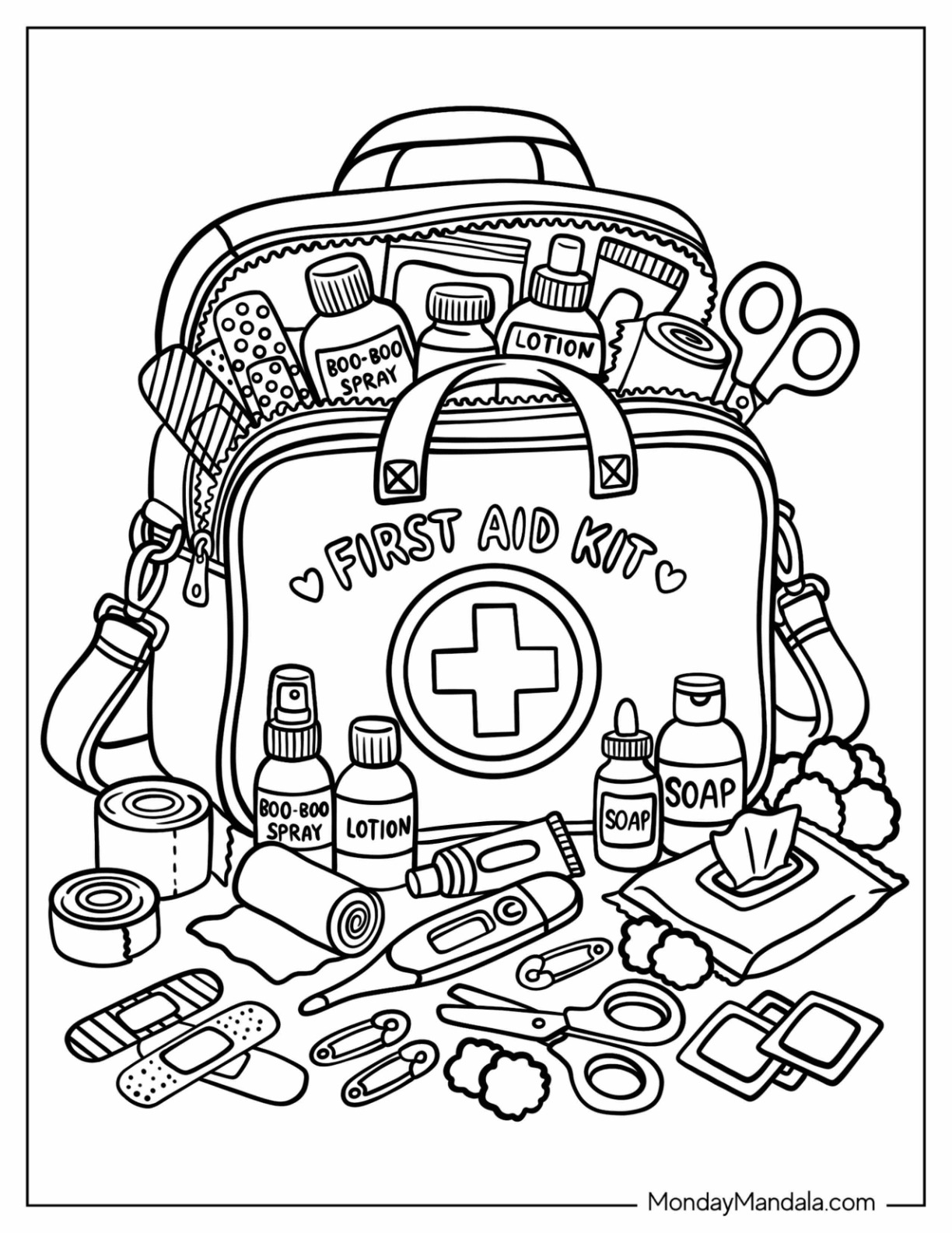 First Aid Kit Full of Medicines and Tools Coloring Page