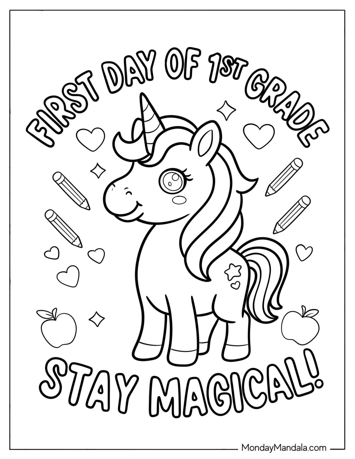 Back To School Coloring Page First Day of 1st Grade with Unicorn for Kids