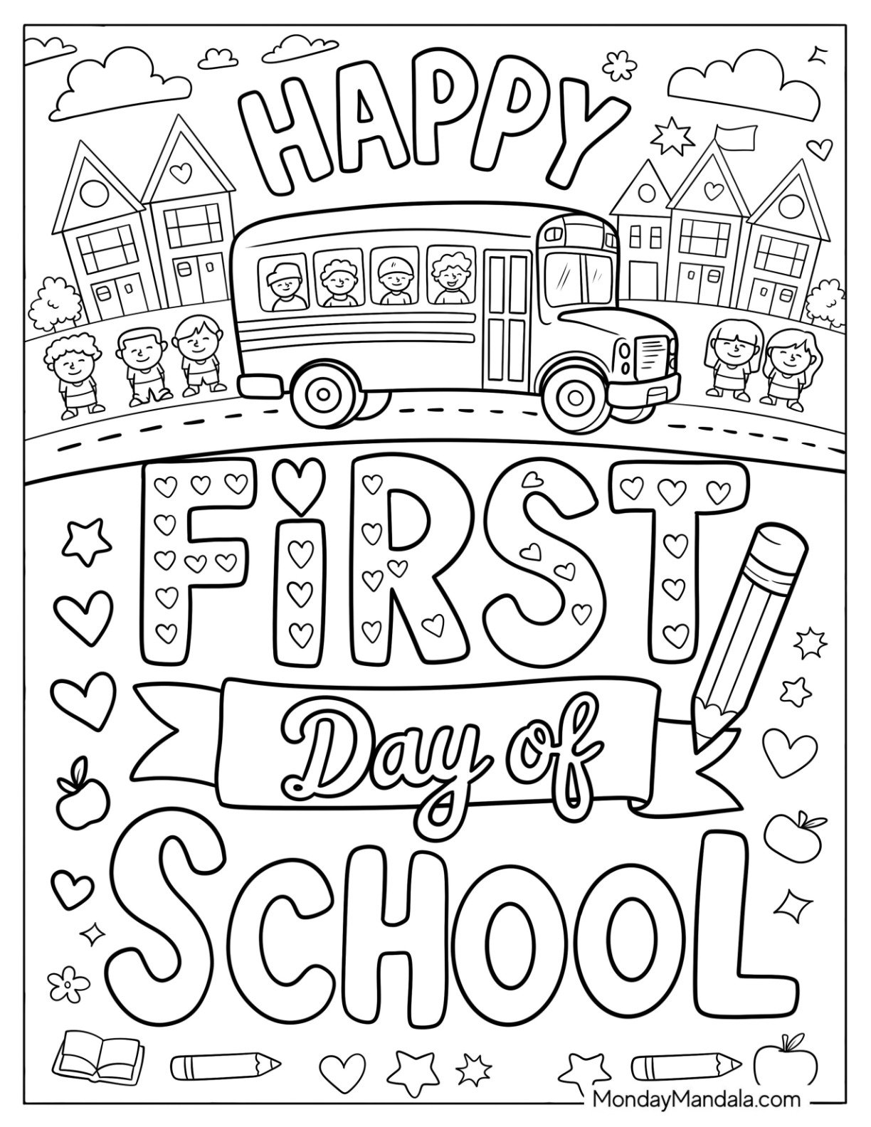 Back To School Coloring Page First Day of School with Pencils, School Bus, and Chibi Students