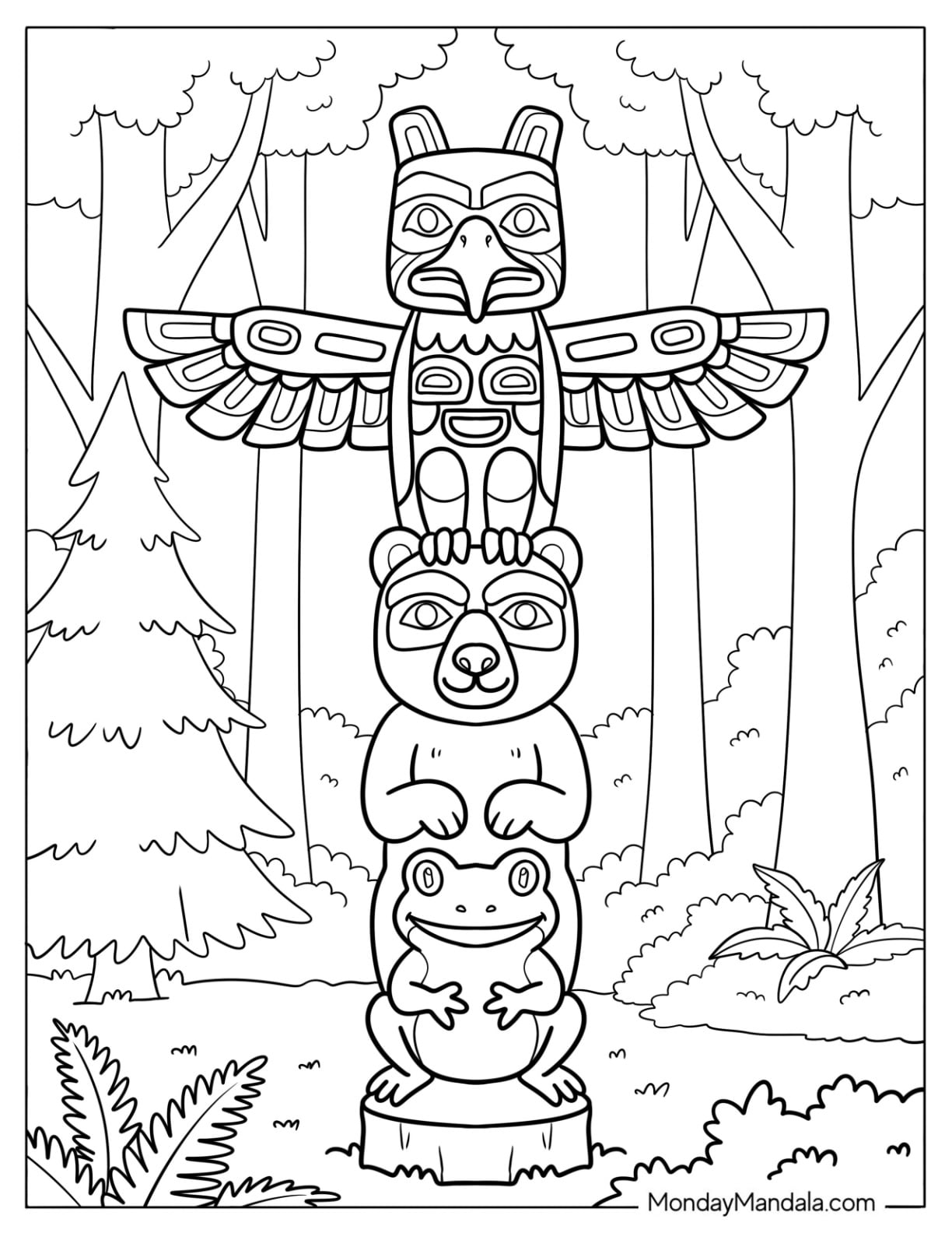 Canada Coloring Page of First Nations Totem Pole in Canadian Forest
