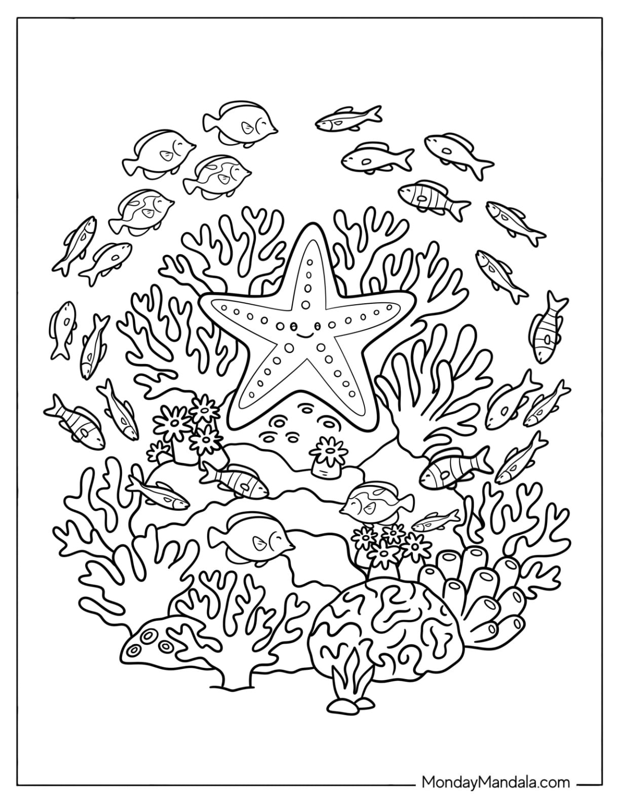 Fish Circling a Starfish in a Coral Reef