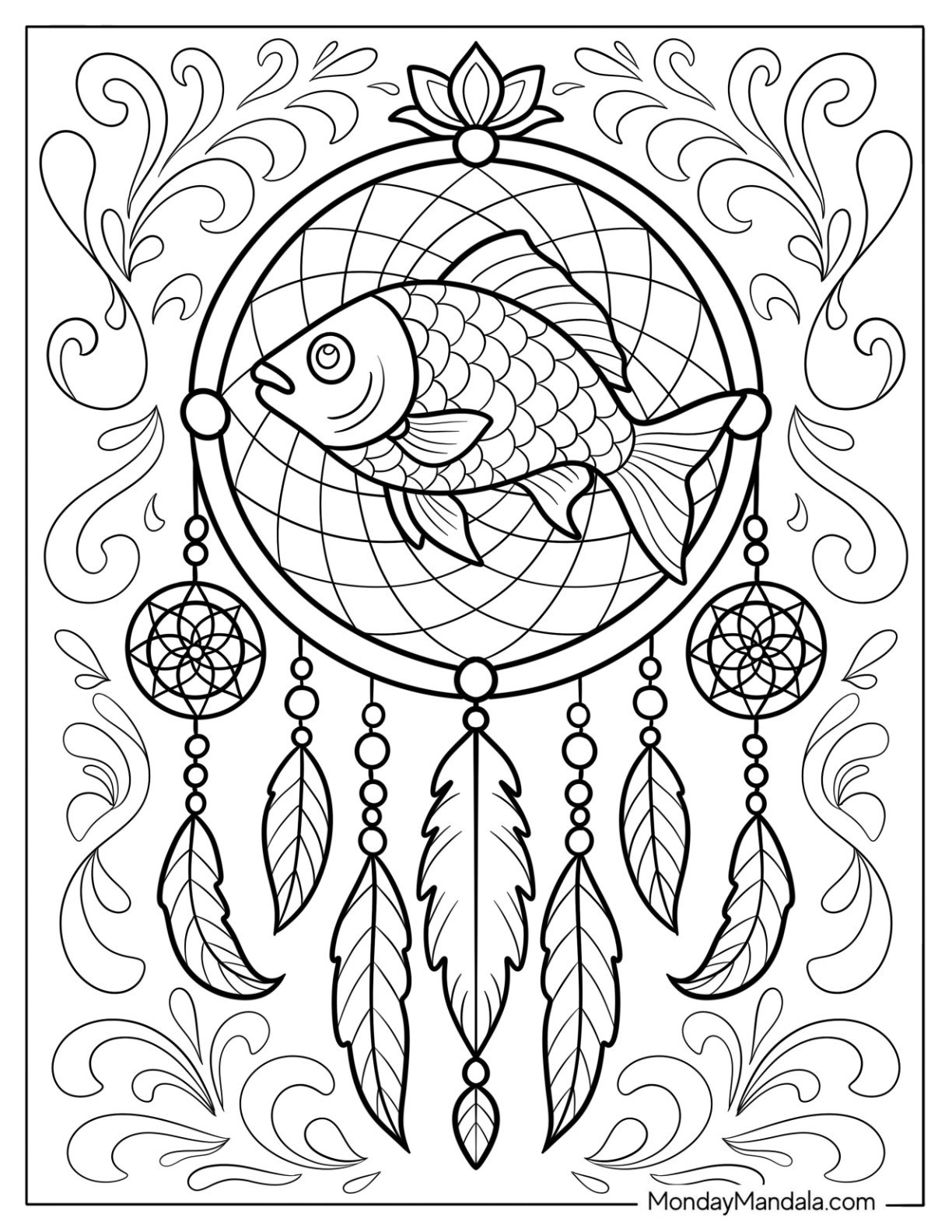 Fish Coloring Page Inside Dreamcatcher with Feathers and Swirls