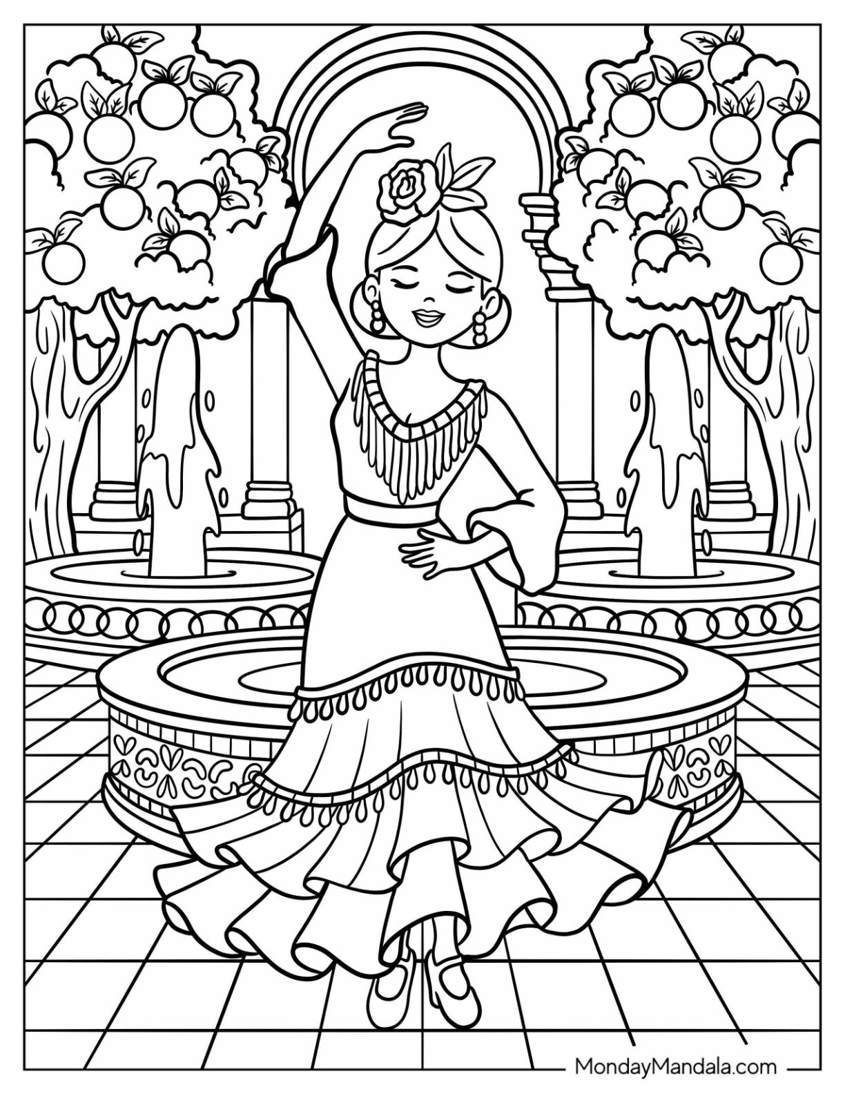 Flamenco Dancer Performing in a Sunny Plaza with Fountains Dancing Coloring Page for Kids