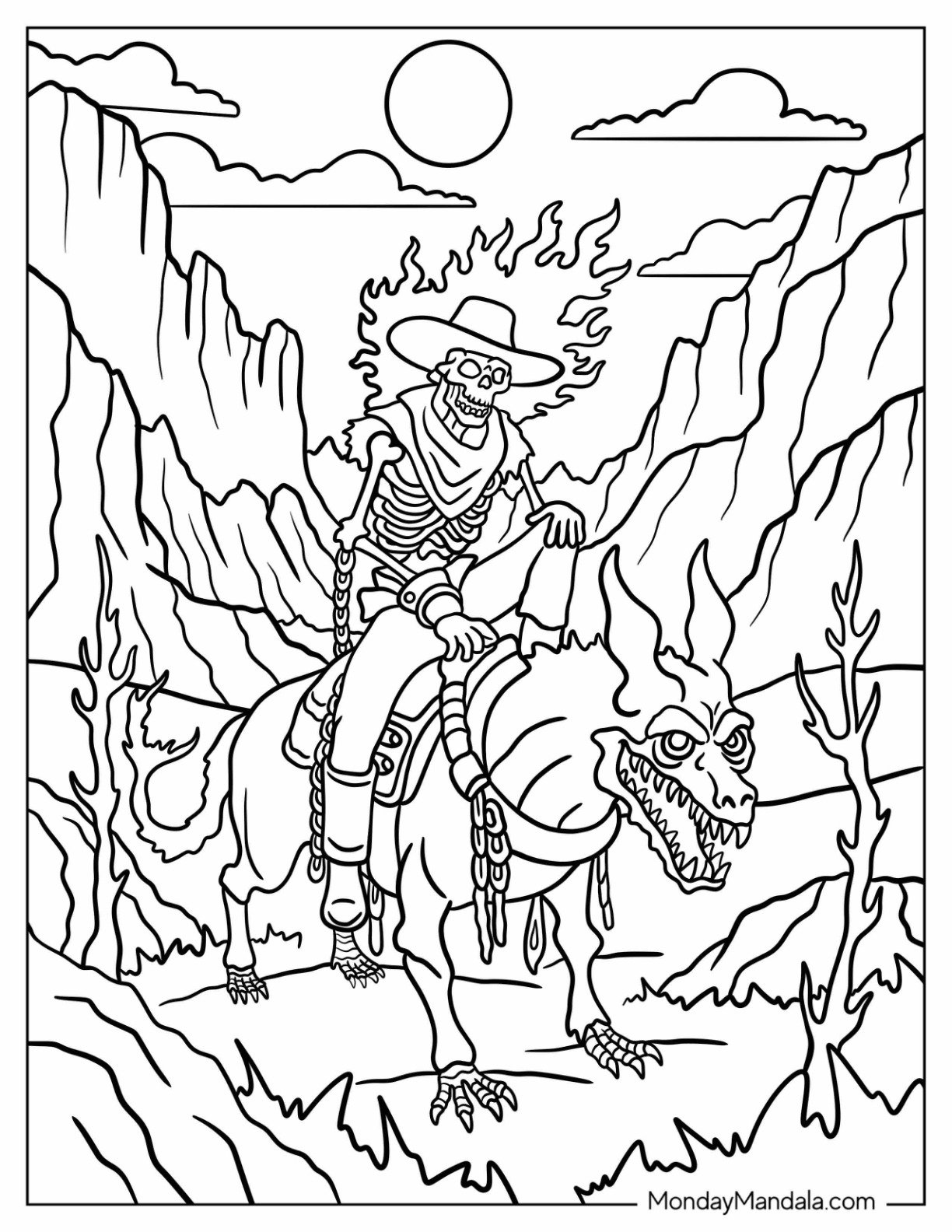 Horror Coloring Page of Flaming Skeleton Cowboy on a Demon Steed