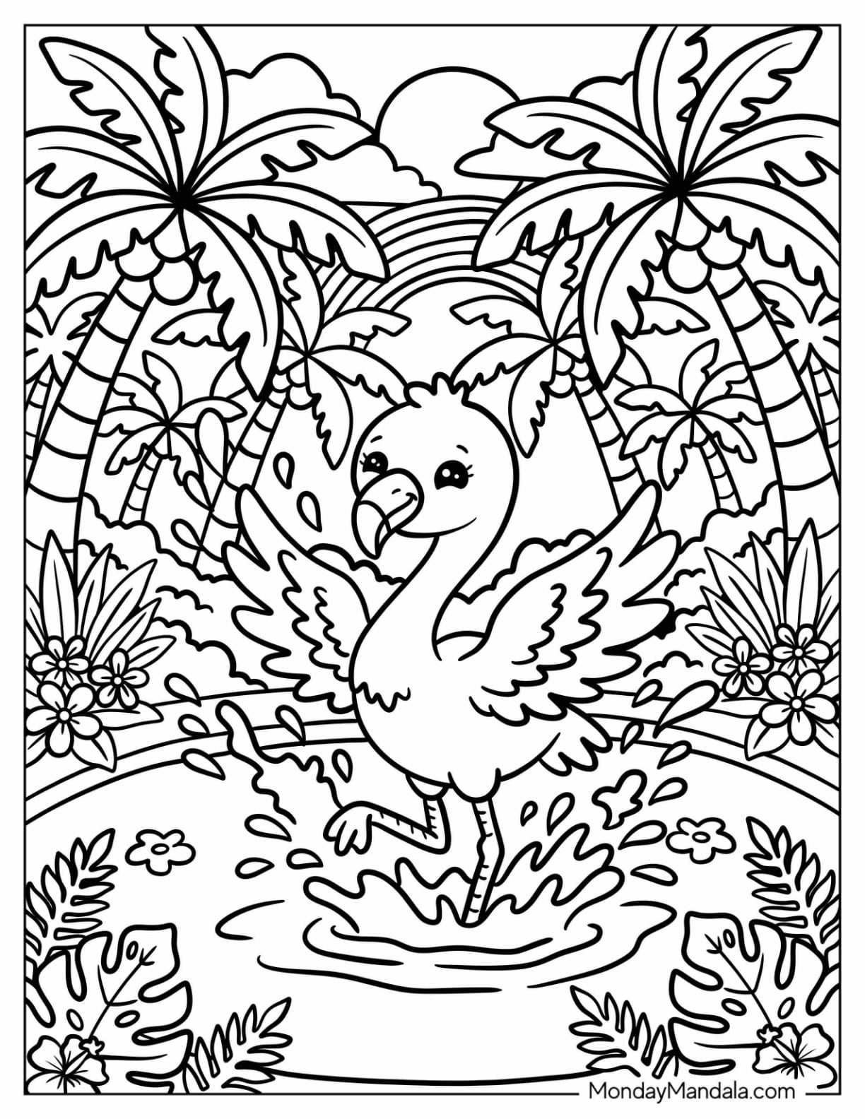 Flamingo Dancing in a Tropical Pond Beneath a Rainbow Coloring Page