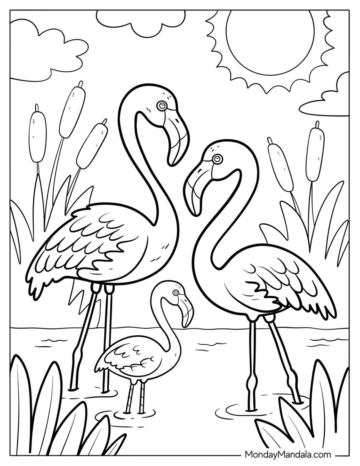 Flamingo Family at the Pond Coloring Sheet For Kids