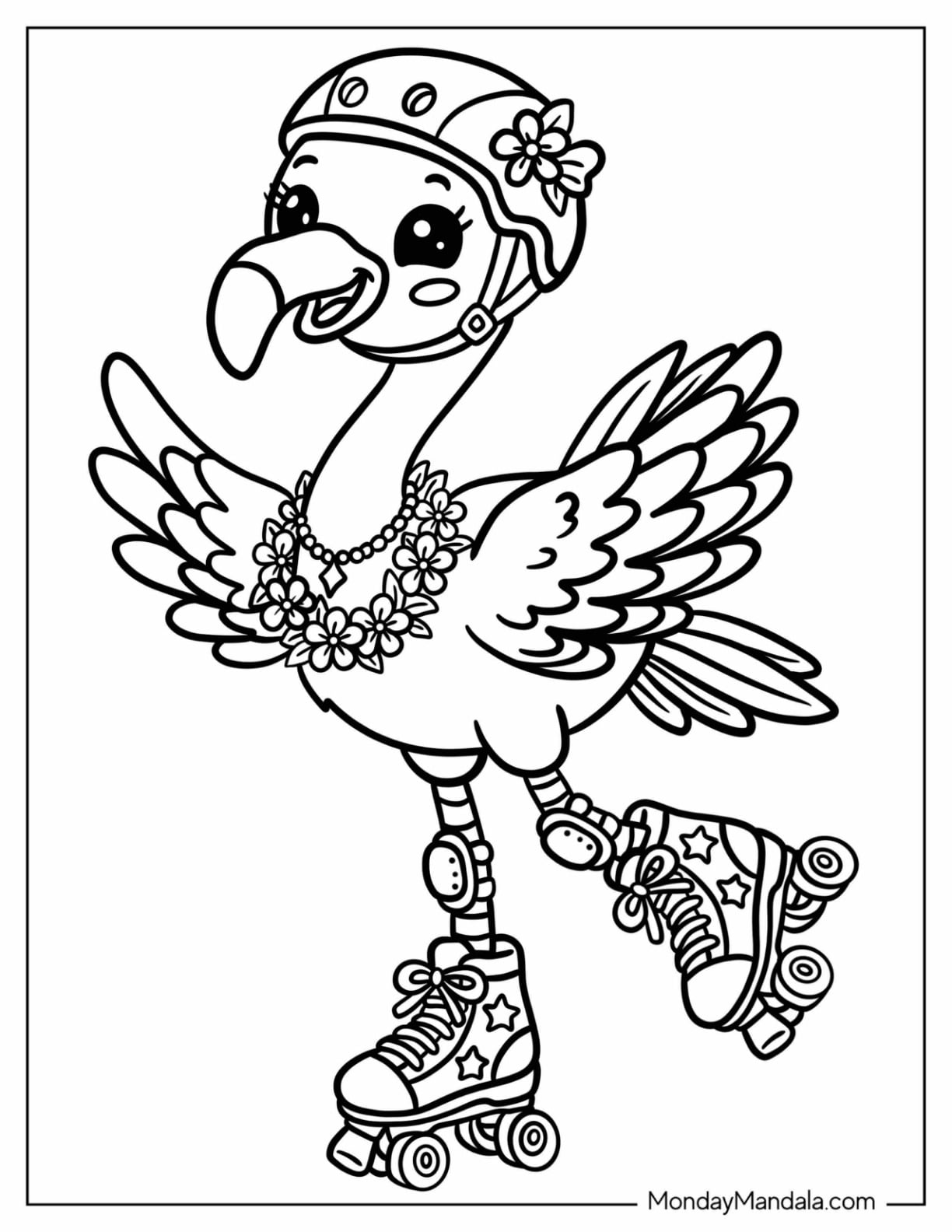 Flamingo Roller Skating in a Helmet and Flower Lei Coloring Page