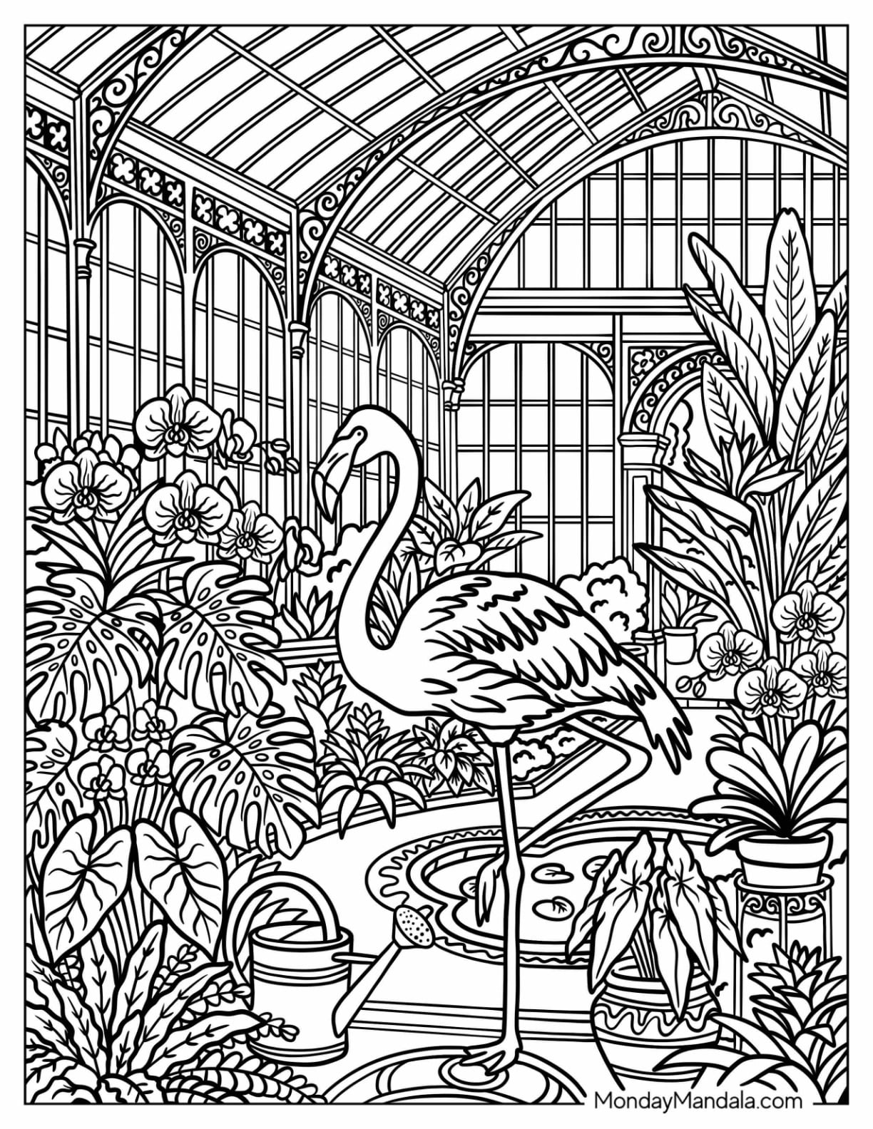 Flamingo Standing Beside a Pond in a Tropical Greenhouse Coloring Page
