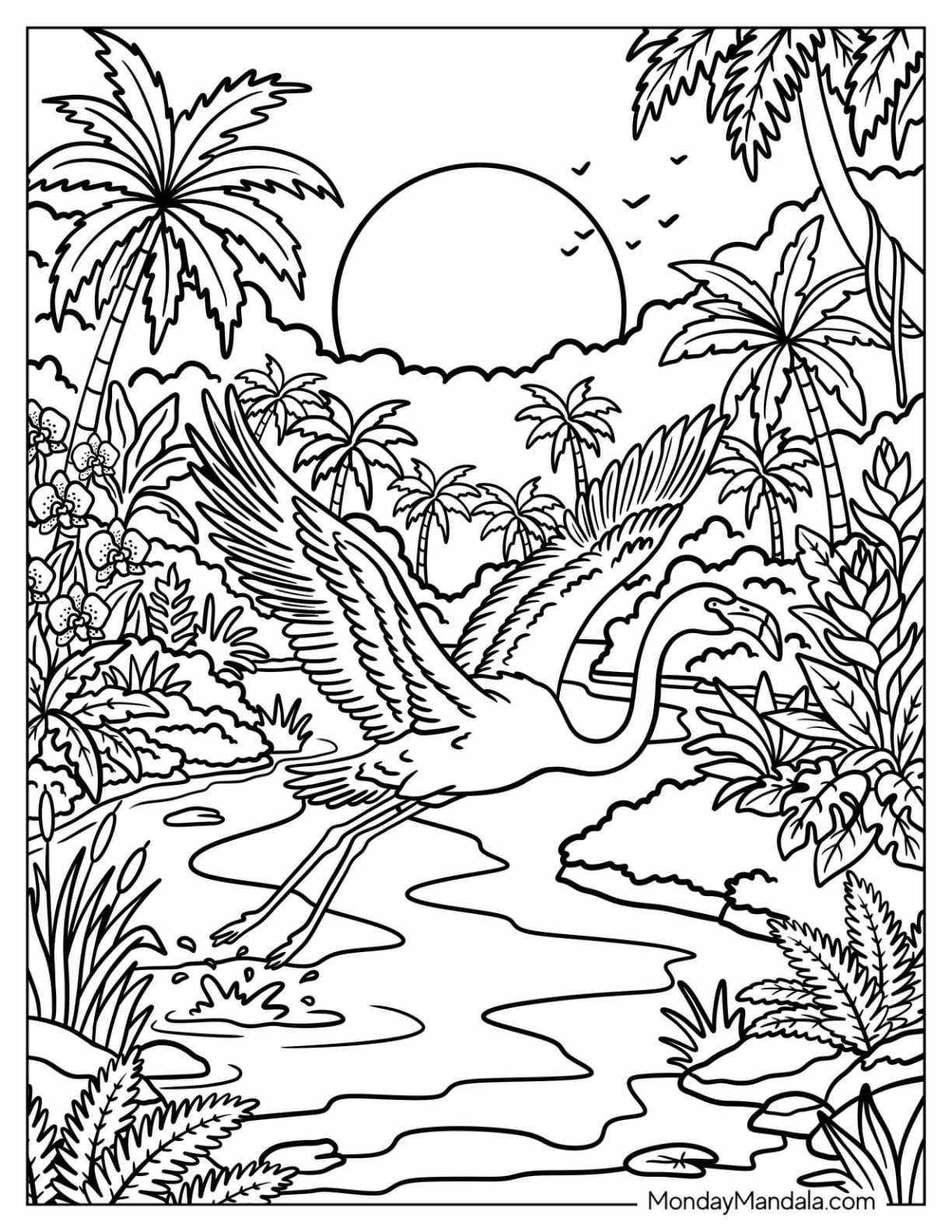 Flamingo Taking Flight Over a Tropical River at Sunset Coloring Page