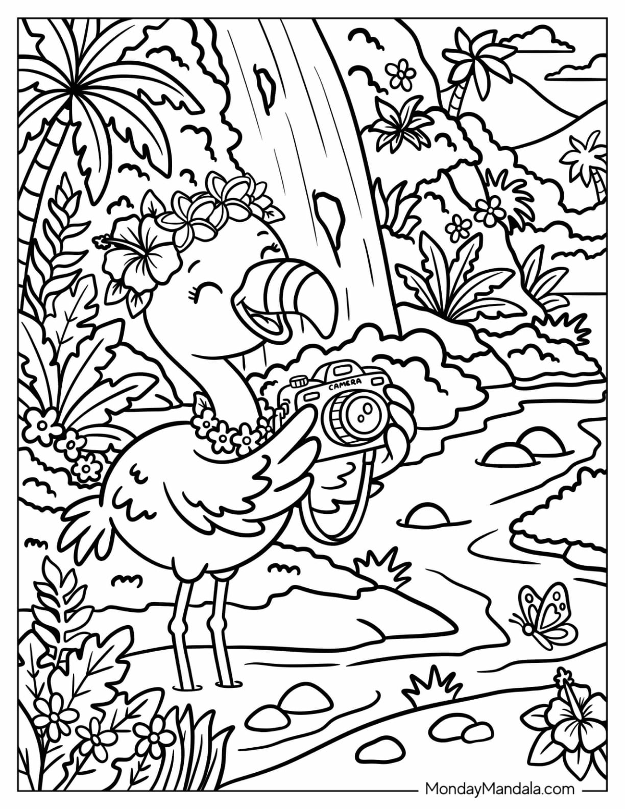 Flamingo Taking Photos Beside a Tropical River Coloring Sheet for Kids