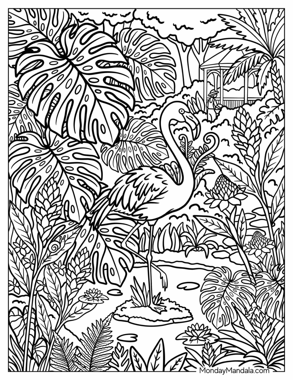 Flamingo Wading Through a Lush Tropical Garden Pond Coloring Sheet