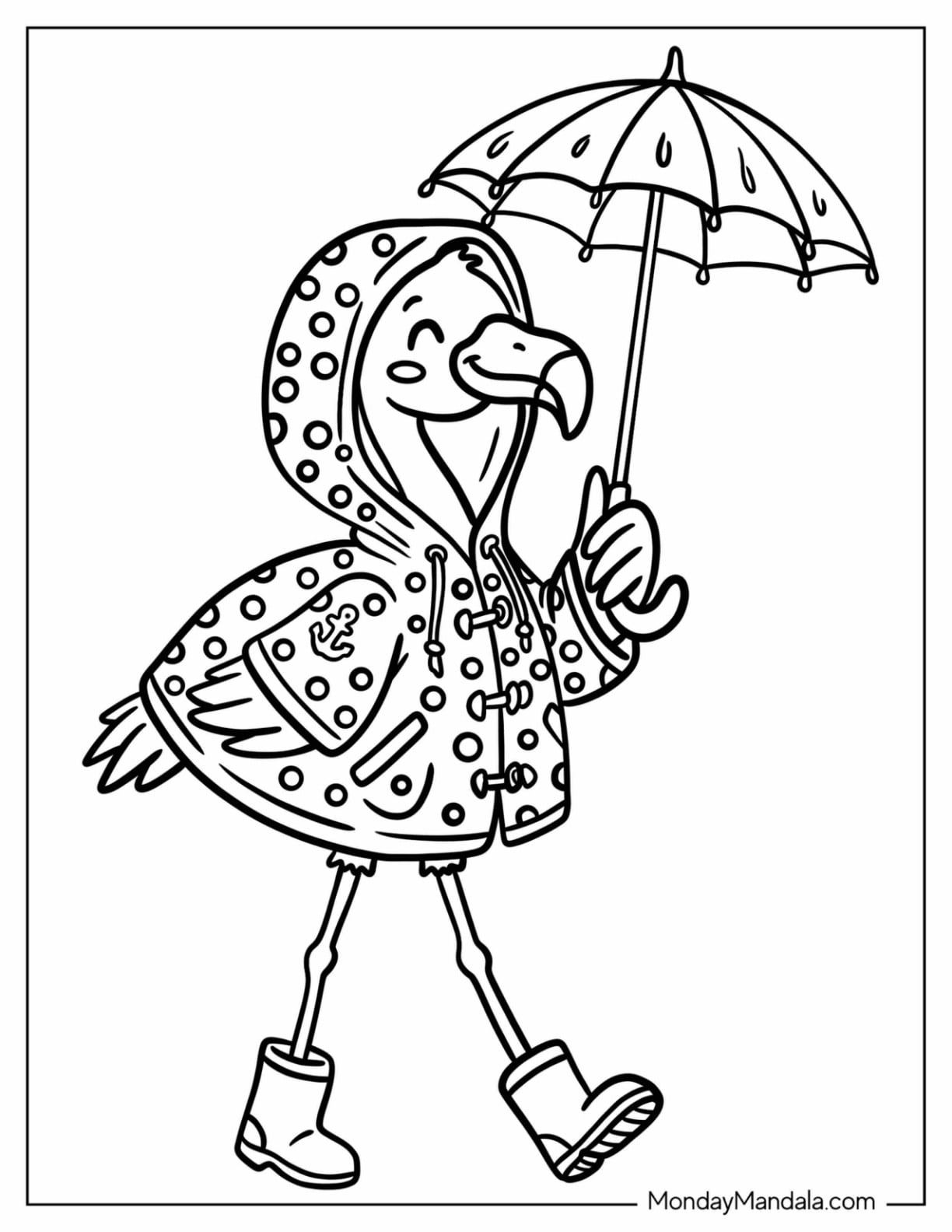 Flamingo Wearing a Polka Dot Raincoat and Holding an Umbrella