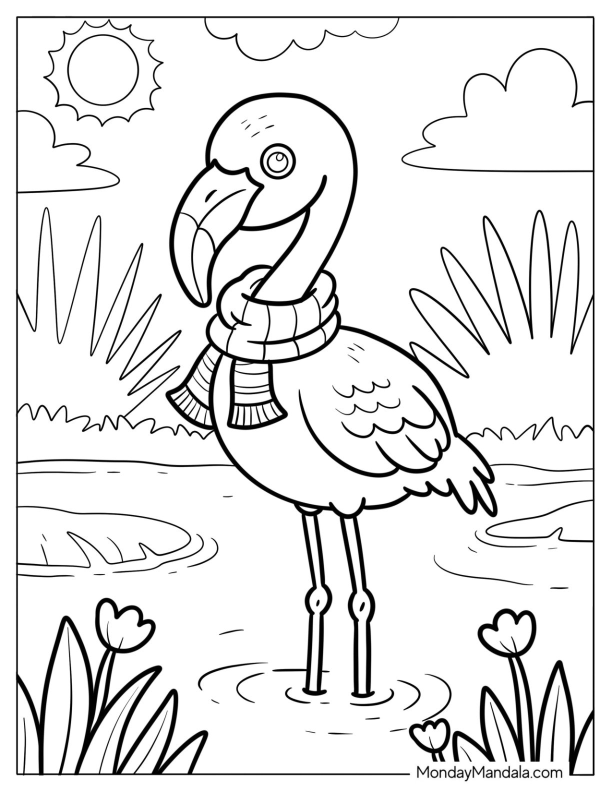 Flamingo in a Cozy Scarf by the Pond Coloring Sheet For Kids