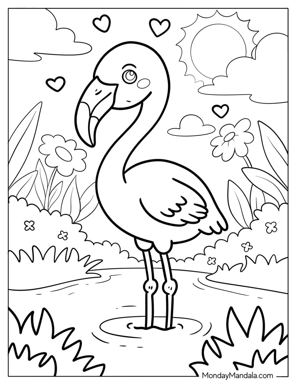 Flamingo in a Garden Pond With Love Hearts Coloring Page For Kids