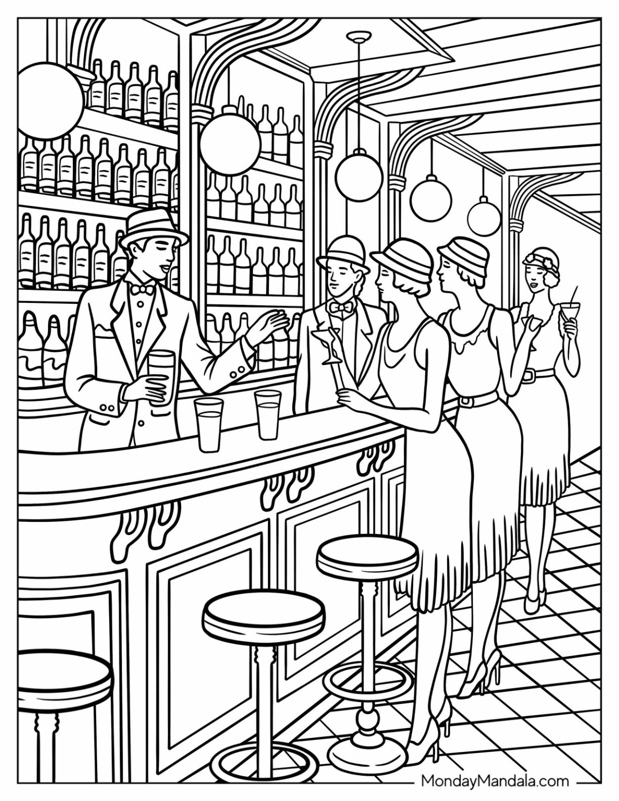 Vintage Coloring Page of Flappers at a 1920s Speakeasy Bar with Bartender