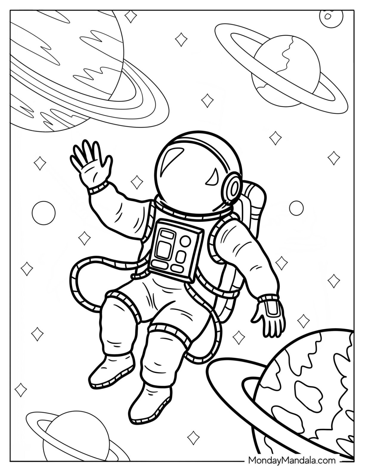 Floating Astronaut in Outer Space Surrounded by Planets Coloring Sheet