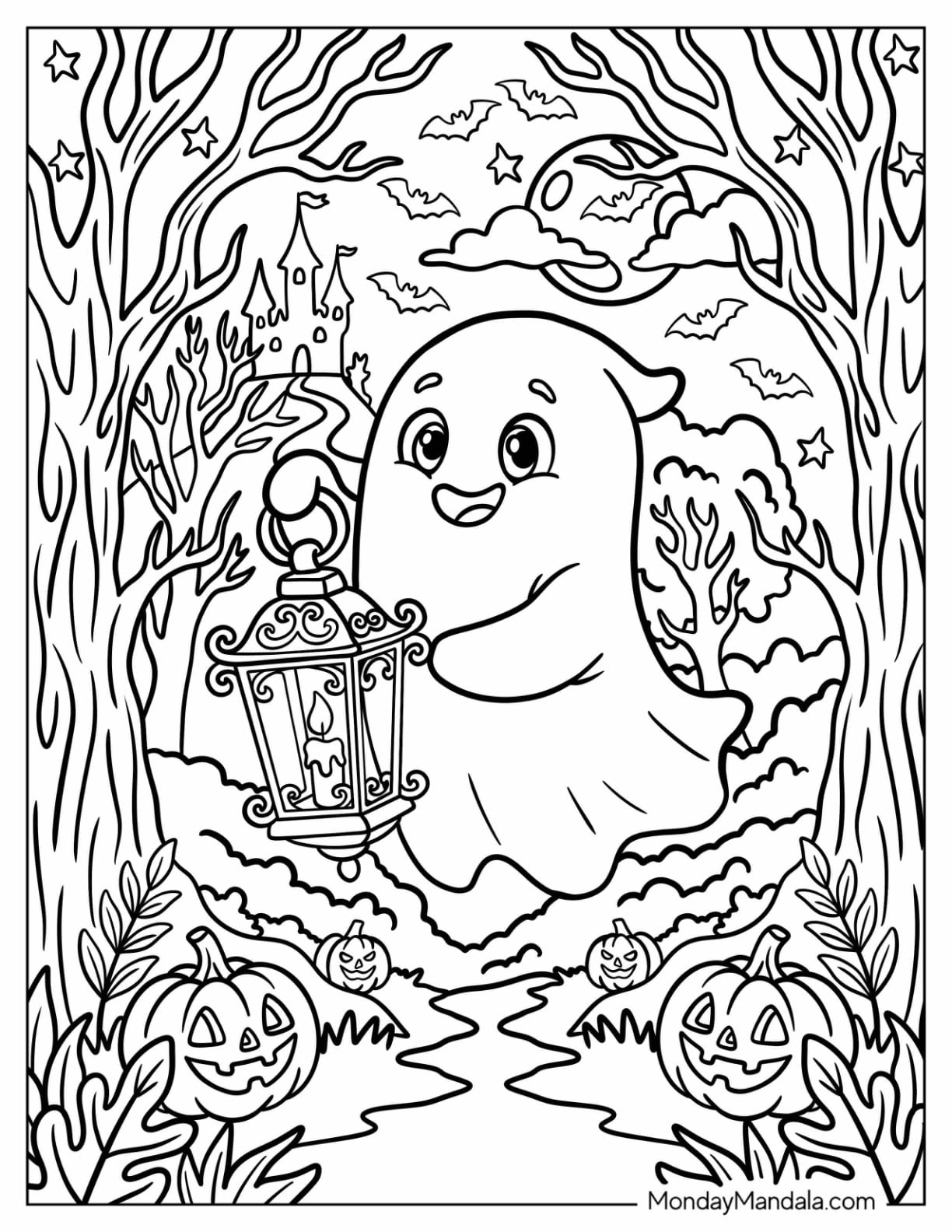 Floating Ghost with Elegant Lantern in the Forest Coloring Page