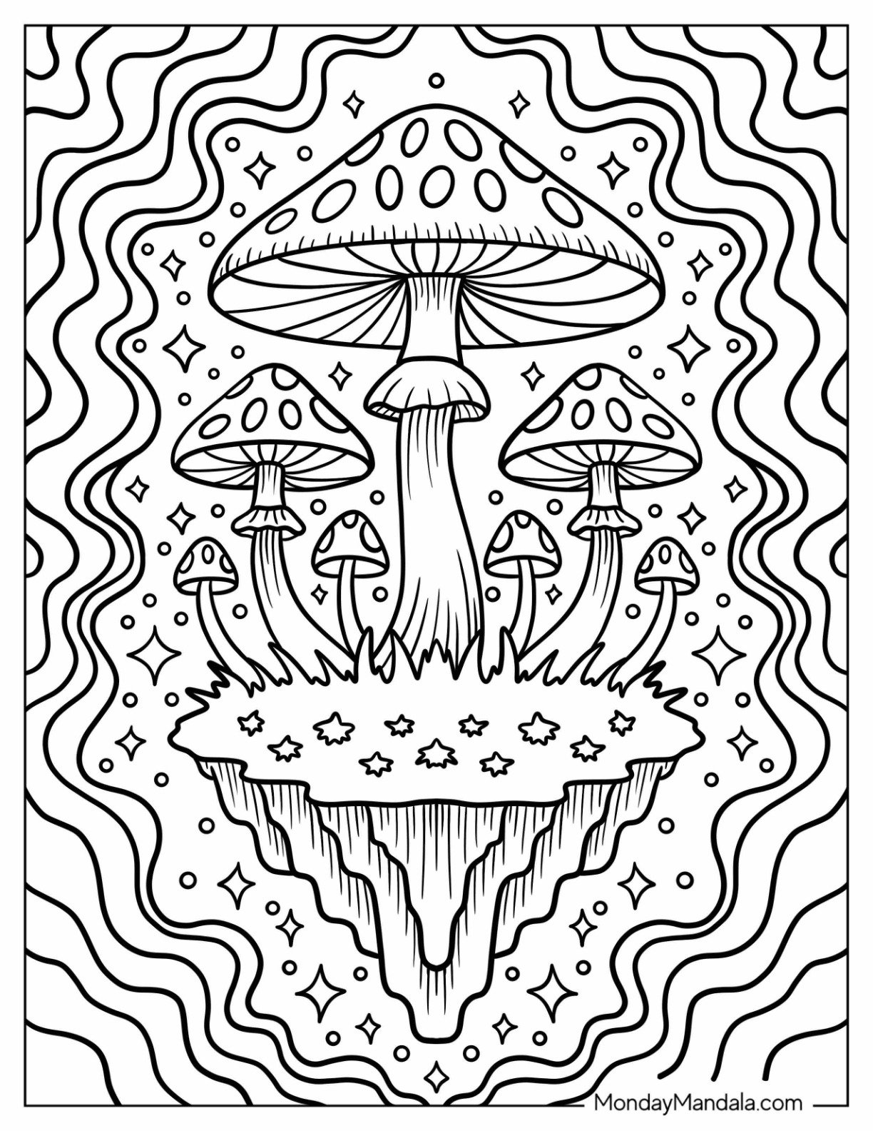 Floating Island of Mushrooms Surrounded by Stars and Wavy Lines Coloring Sheet